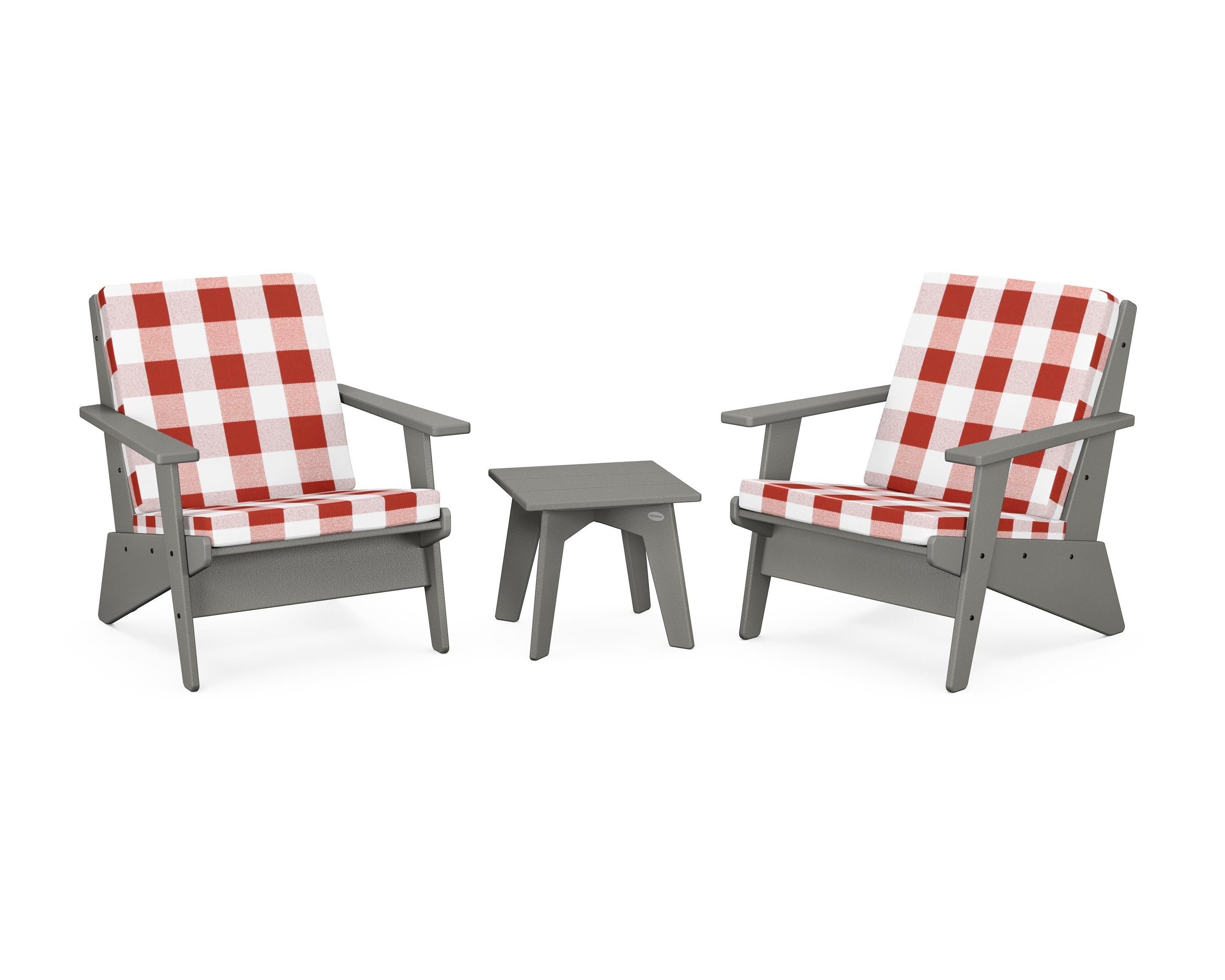 POLYWOOD® Riviera Modern Lounge 3-Piece Set in Slate Grey / Buffalo Plaid Crimson