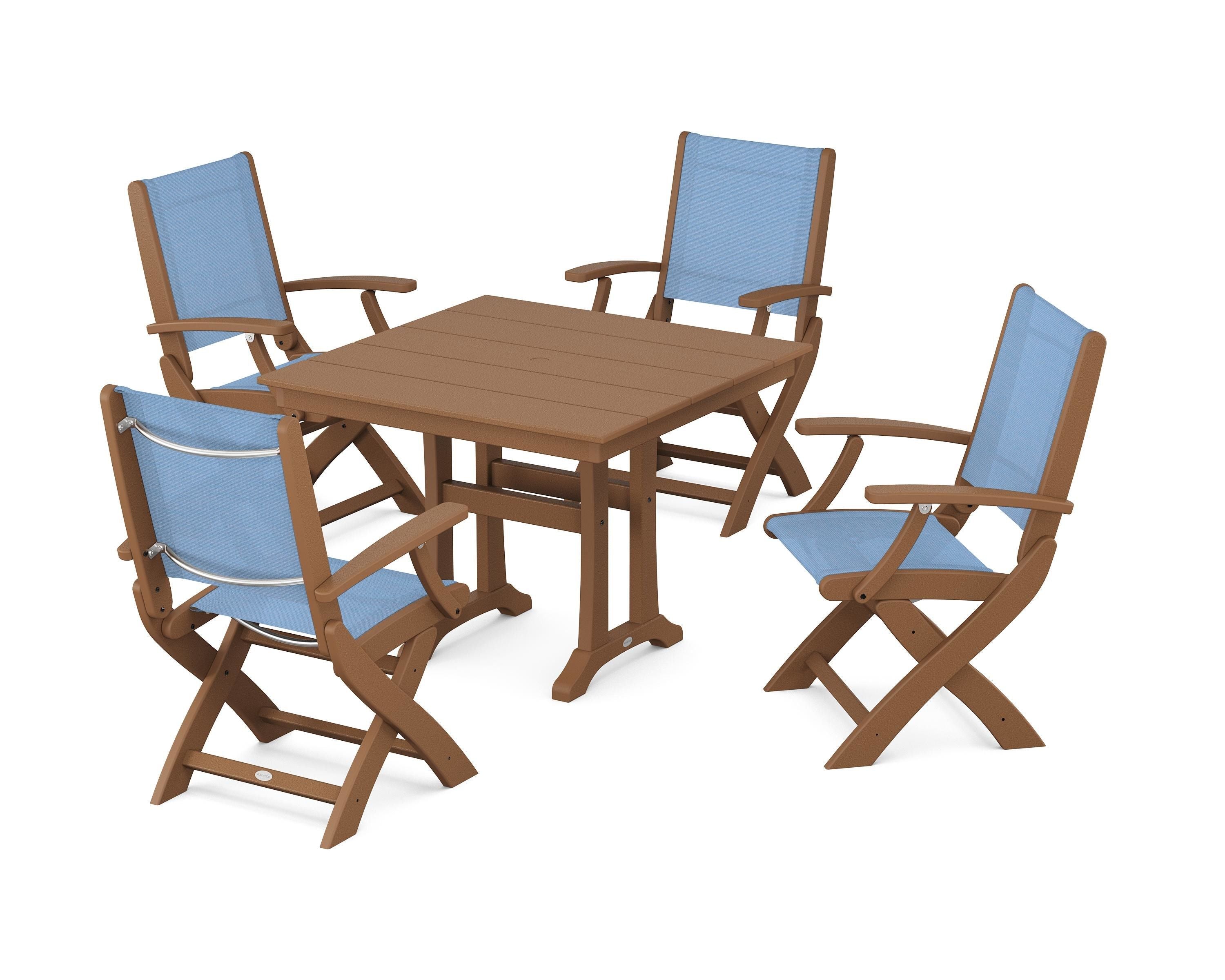 POLYWOOD® Coastal Folding Chair 5-Piece Farmhouse Dining Set With Trestle Legs in Teak / Poolside Sling
