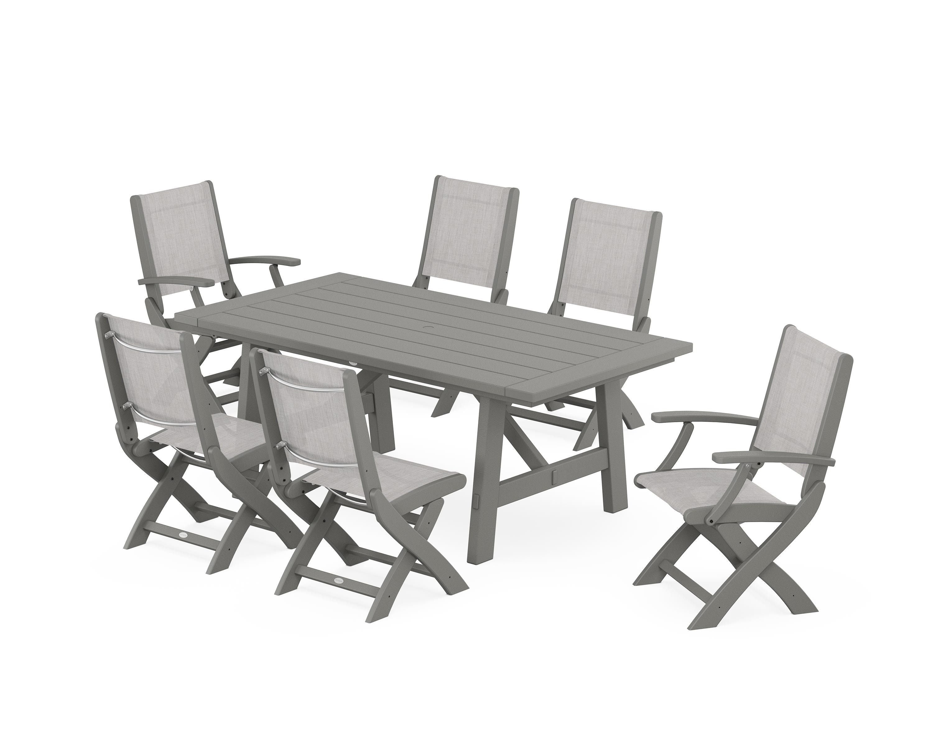 POLYWOOD® Coastal Folding Chair 7-Piece Rustic Farmhouse Dining Set in Slate Grey / Parchment Sling