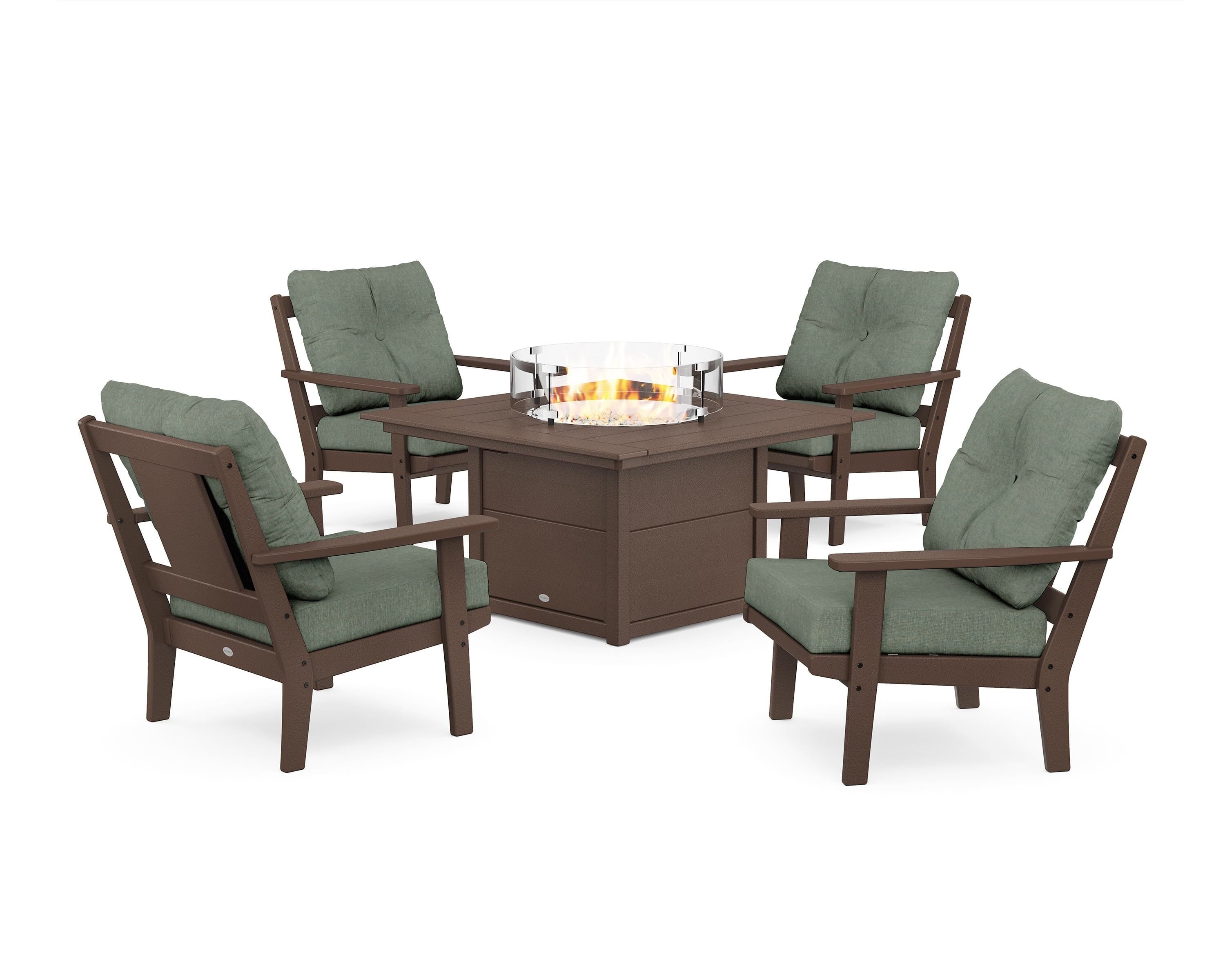 POLYWOOD® Prairie 5-Piece Deep Seating Set with Fire Pit Table in Mahogany / Cast Sage
