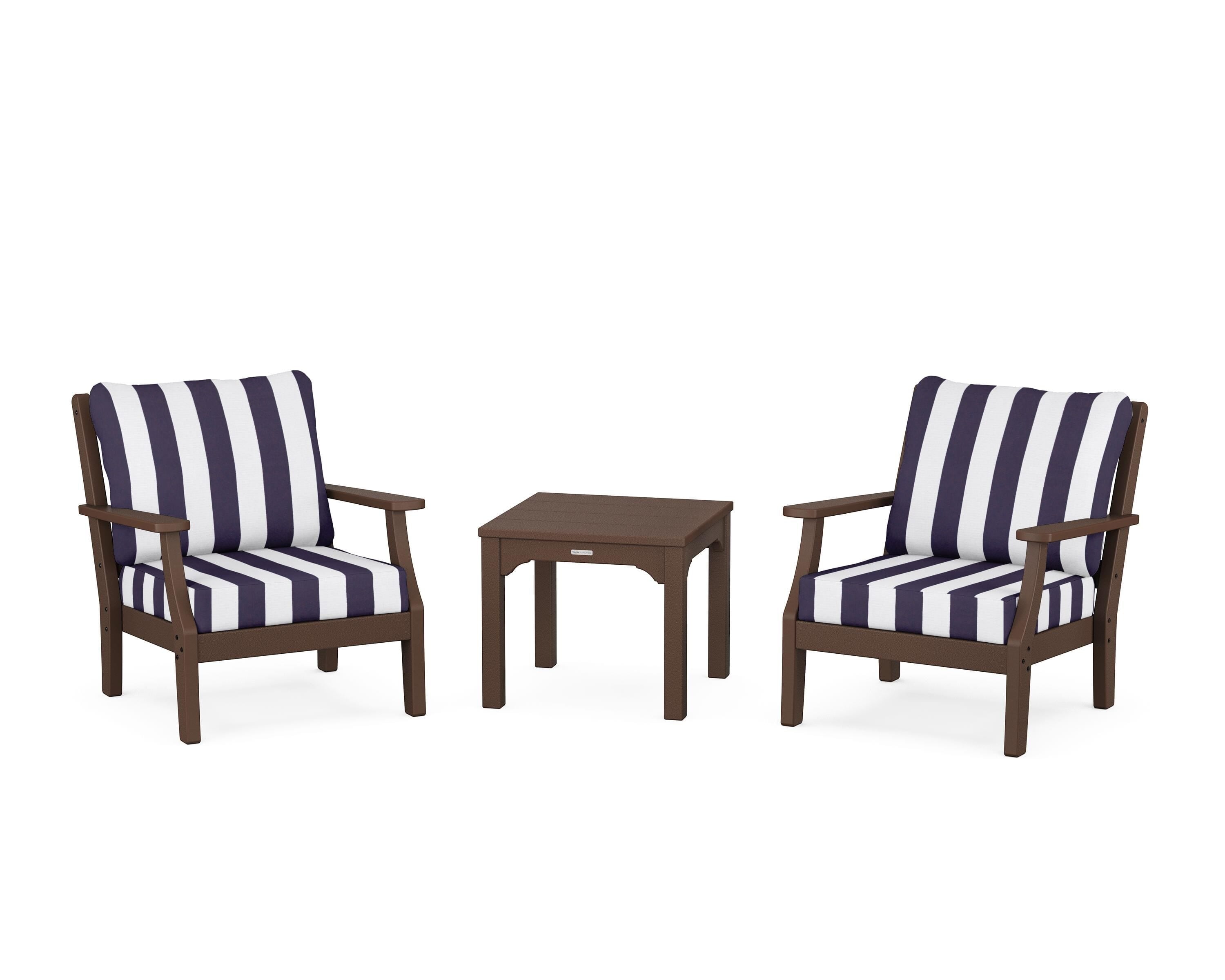 Martha Stewart by POLYWOOD® Chinoiserie 3-Piece Deep Seating Set in Mahogany / Cabana Stripe Navy