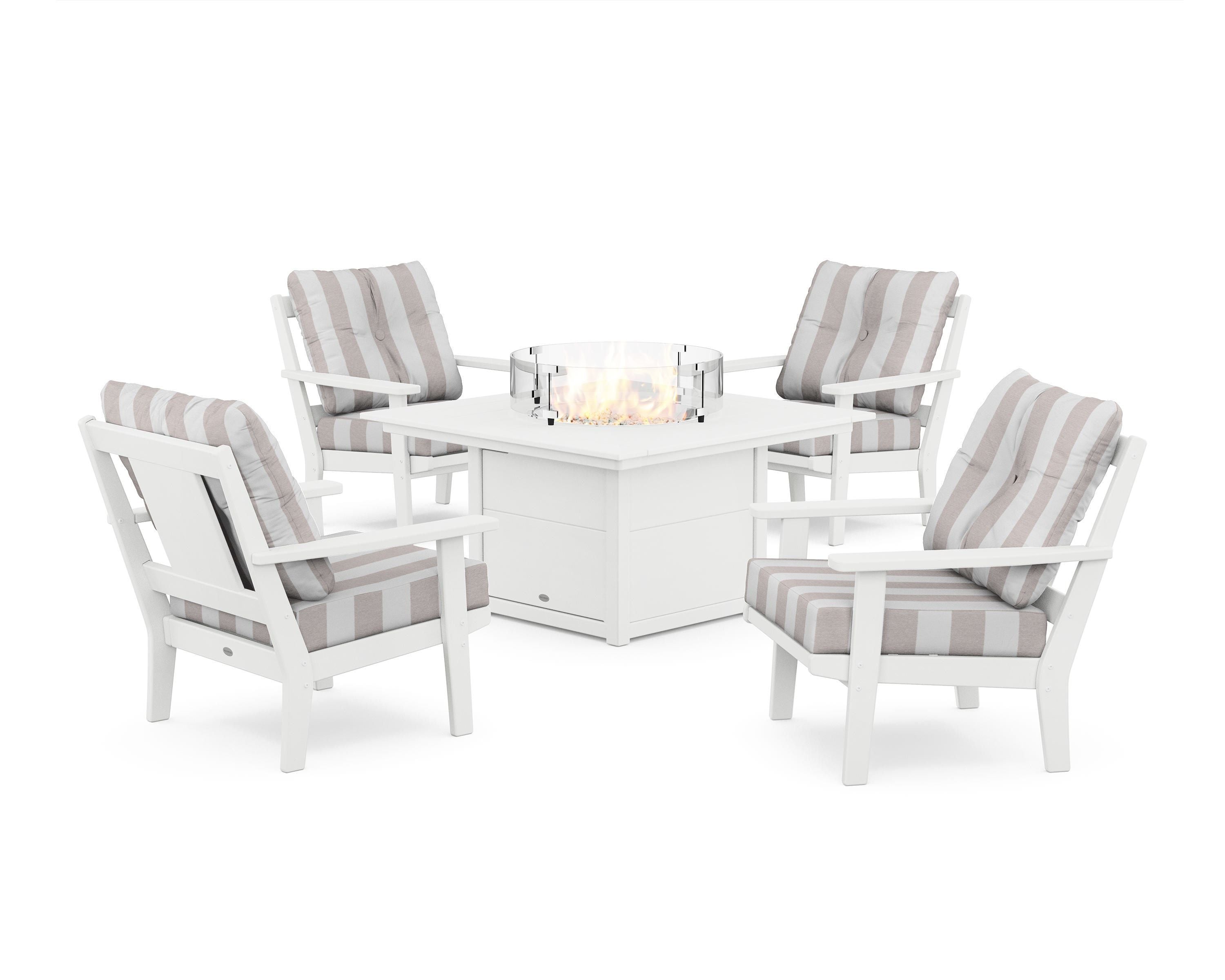 POLYWOOD® Prairie 5-Piece Deep Seating Set with Fire Pit Table in White / Cabana Stripe Dune Burlap