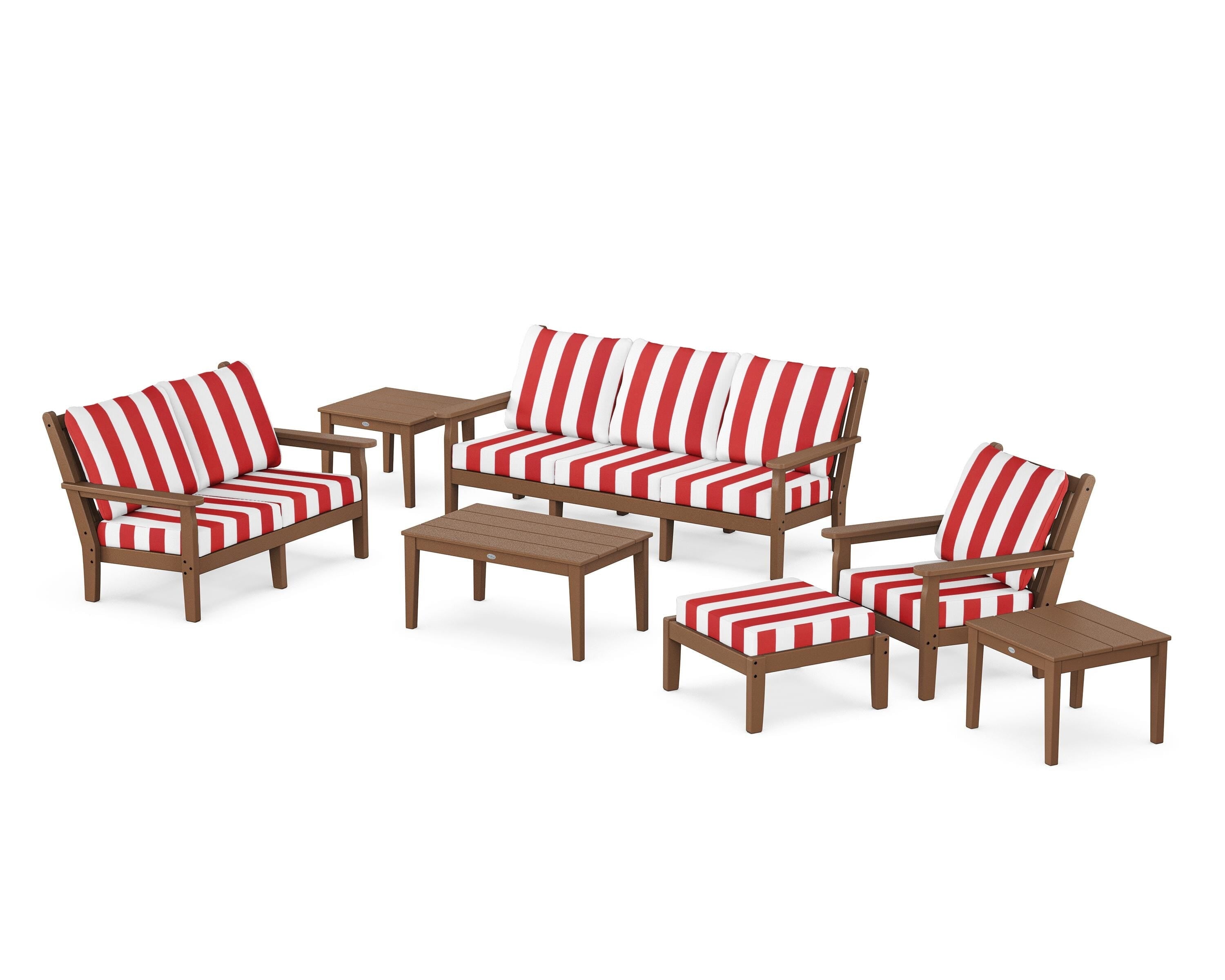 POLYWOOD® Chippendale 7-Piece Deep Seating Set in Teak / Cabana Stripe Crimson