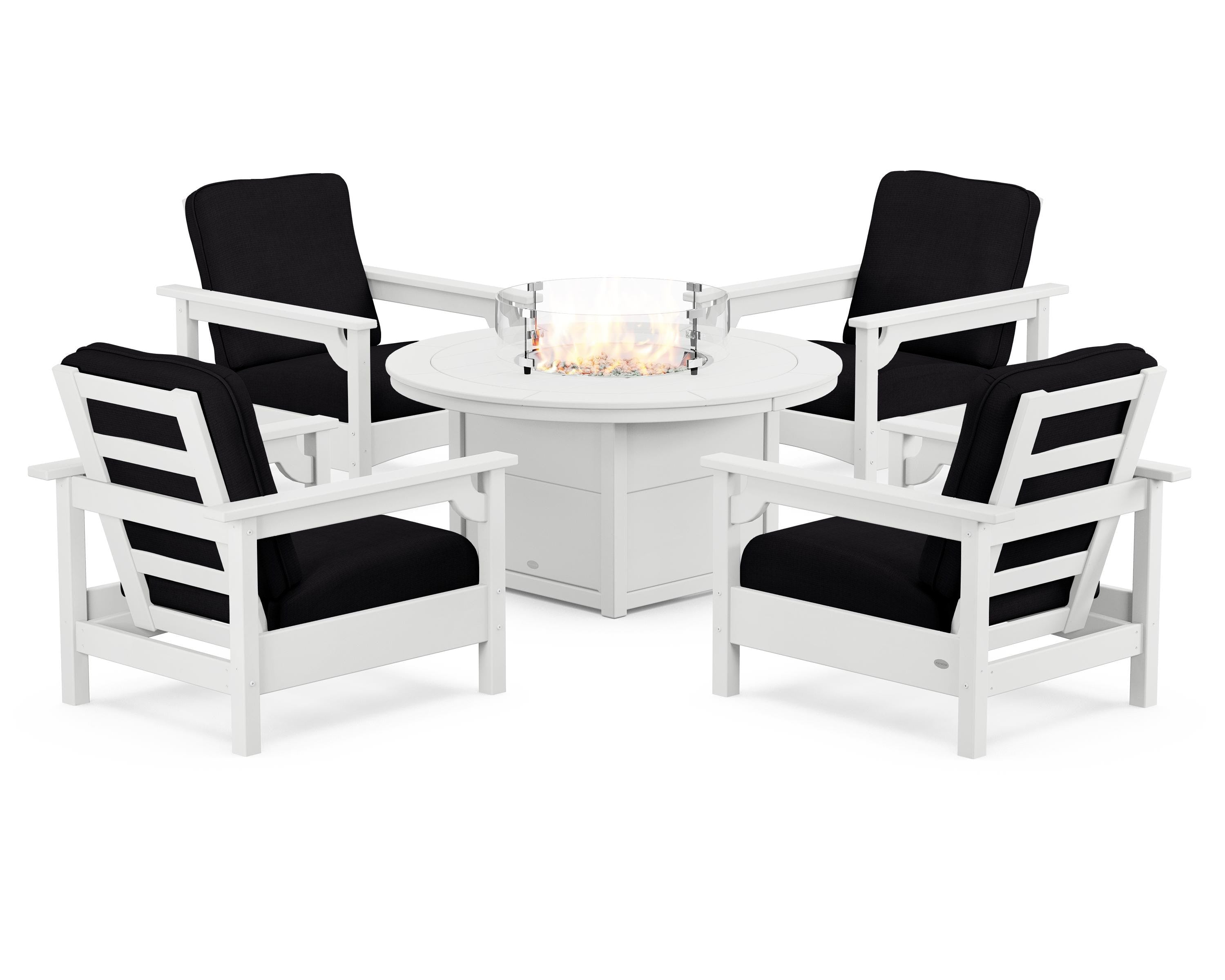 POLYWOOD® Club 5-Piece Conversation Set with Fire Pit Table in White / Midnight Linen