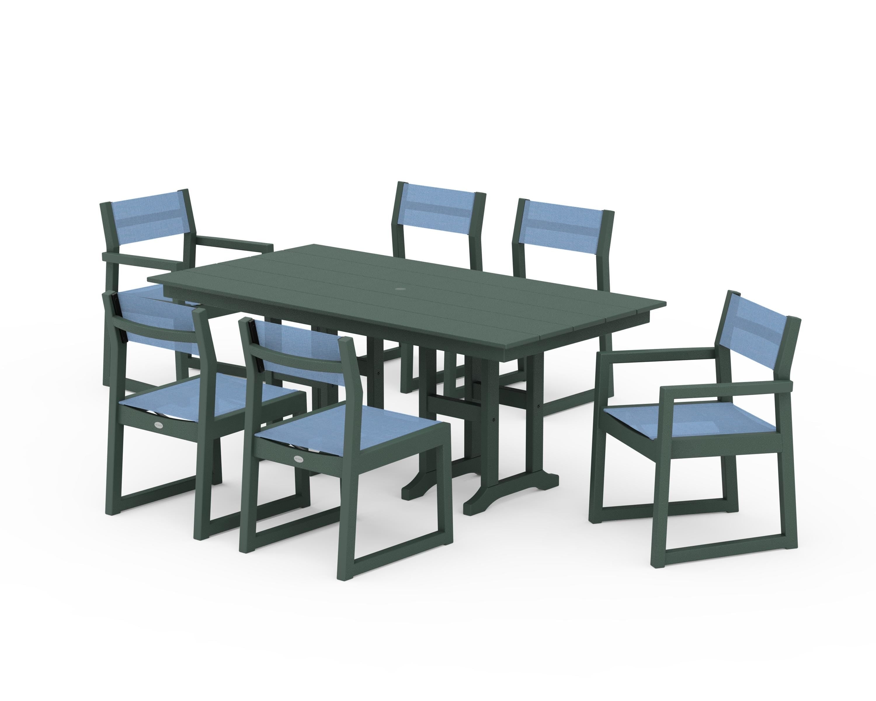 POLYWOOD® EDGE Sling 7-Piece Farmhouse Dining Set in Green / Poolside Sling
