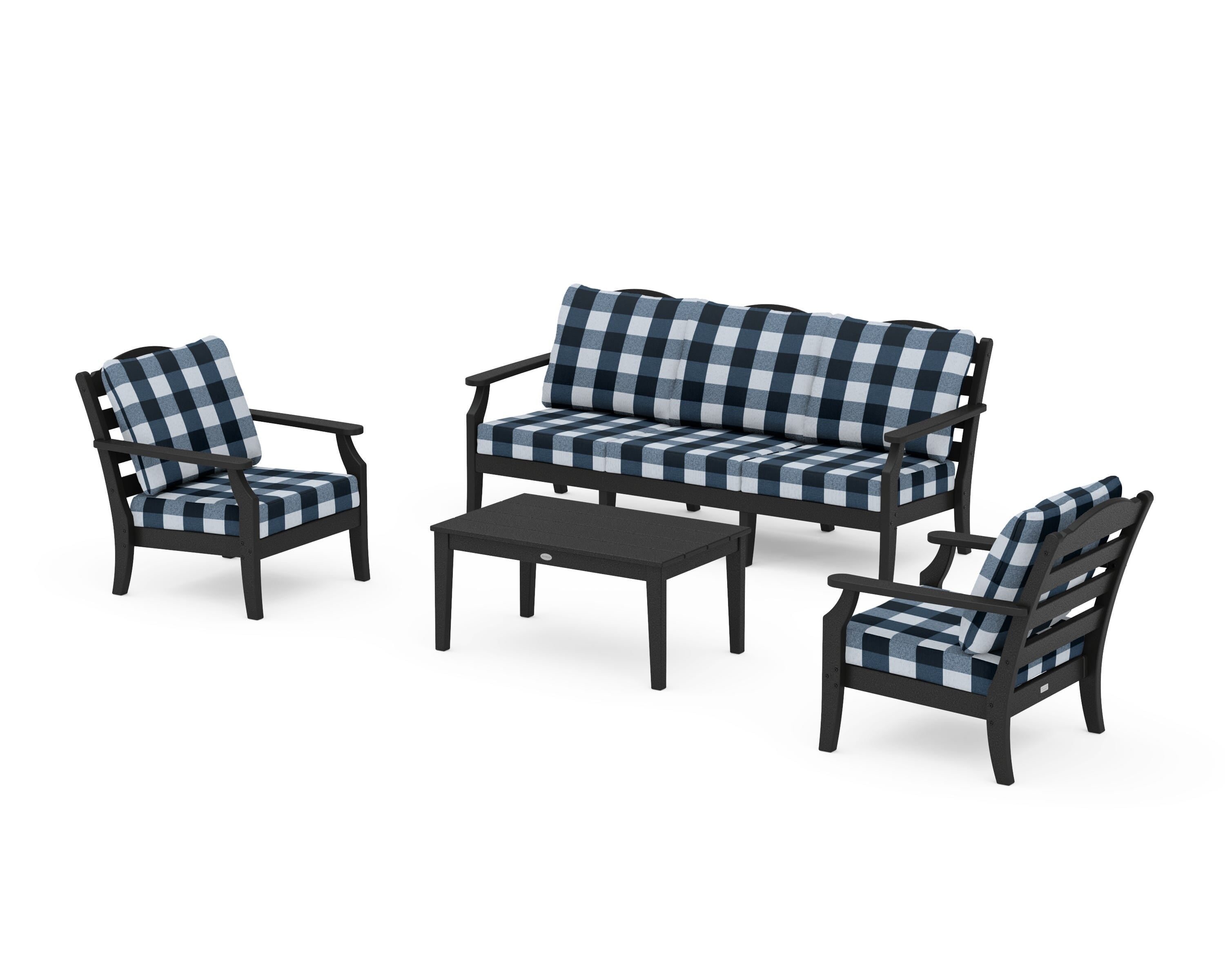 Draper James™ by POLYWOOD® Savannah 4-Piece Deep Seating Set with Sofa in Black / Buffalo Plaid Marine Indigo