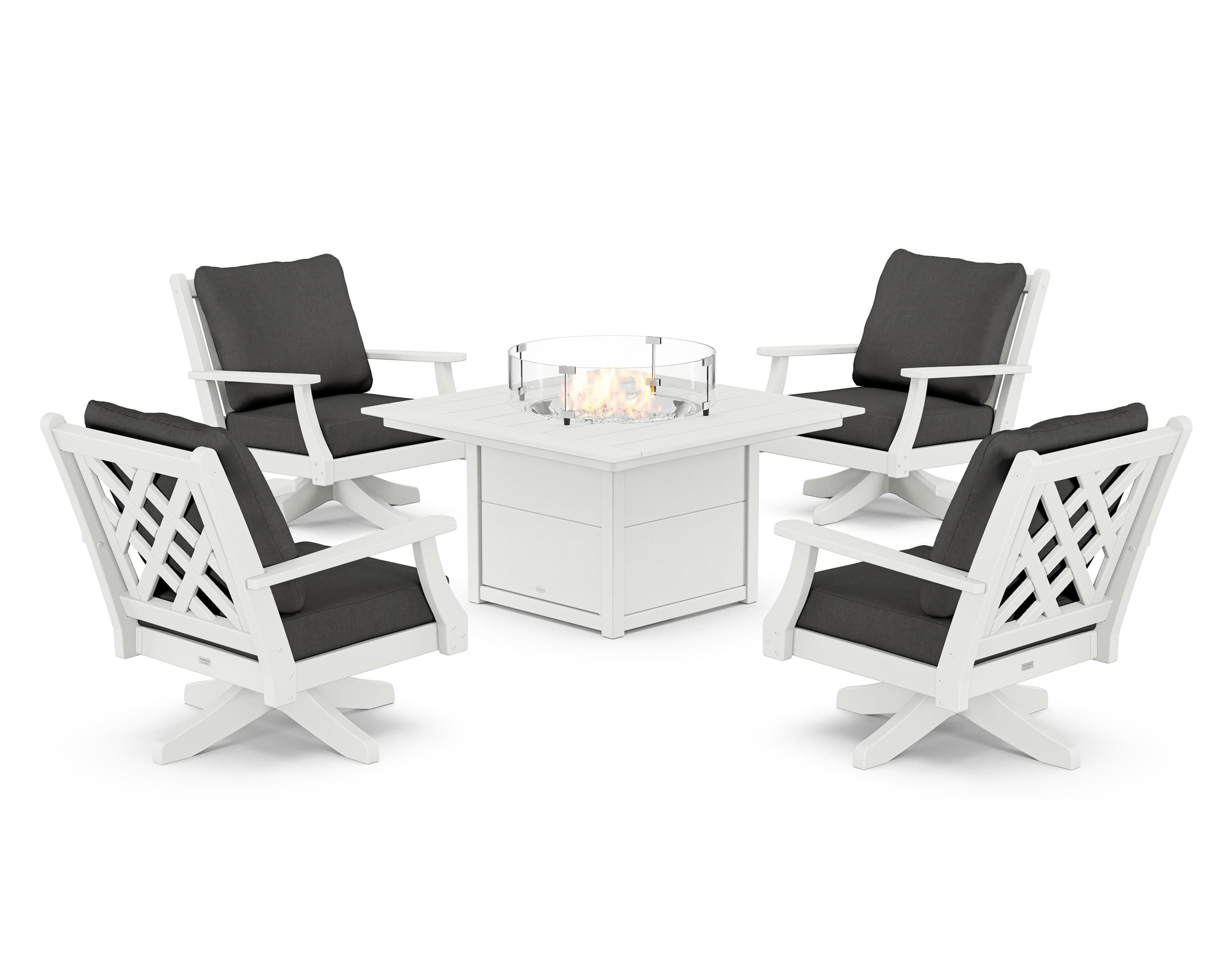 Country Living Wovendale 5-Piece Deep Seating Swivel Conversation Set with Fire Pit Table in White / Spectrum Carbon