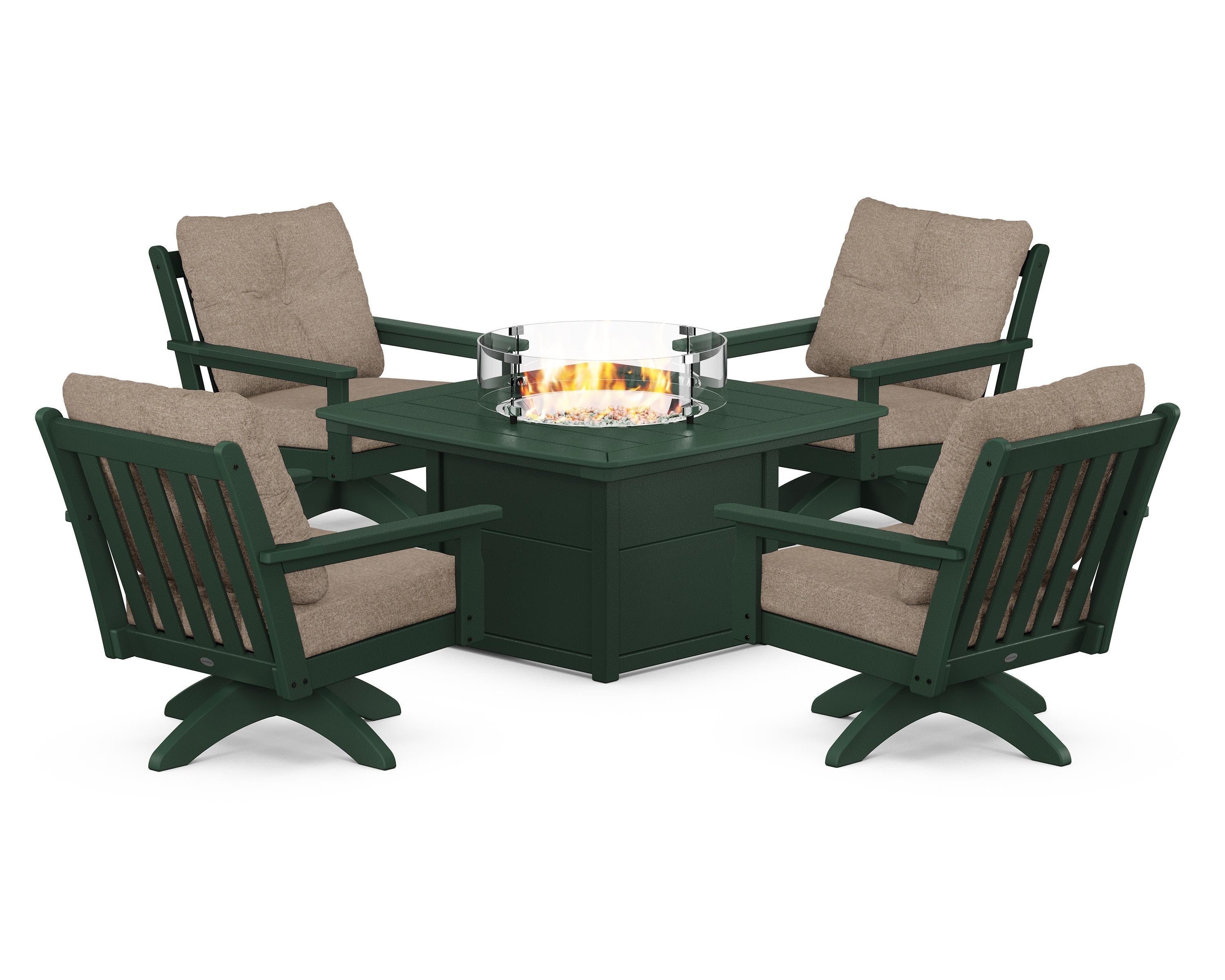 POLYWOOD® Vineyard 5-Piece Deep Seating Swivel Conversation Set with Fire Pit Table in Green / Spiced Burlap