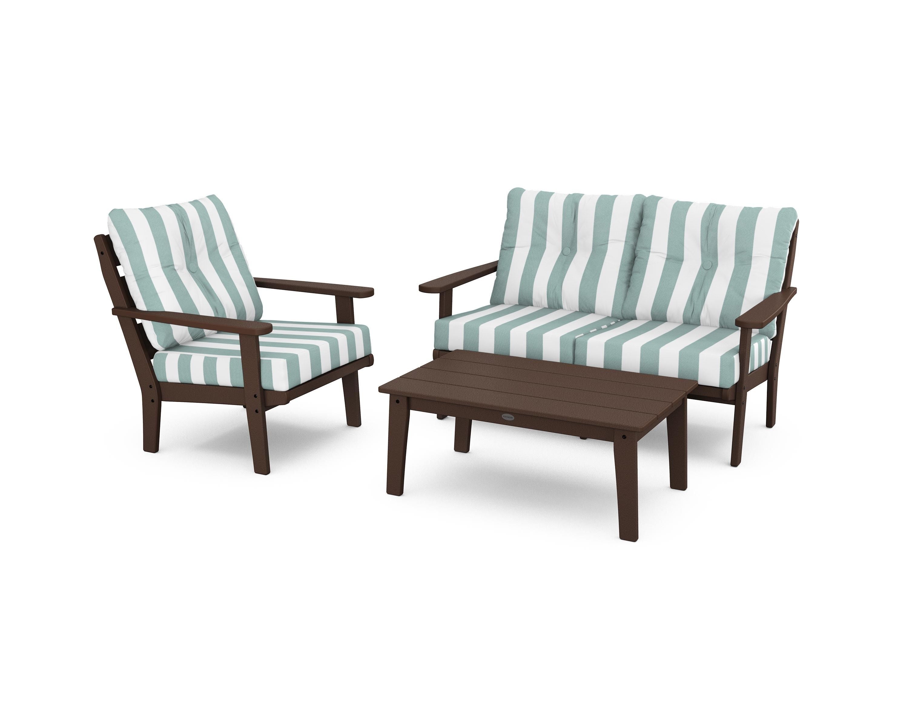 POLYWOOD® Lakeside 3-Piece Deep Seating Set in Mahogany / Cabana Stripe Glacier Spa