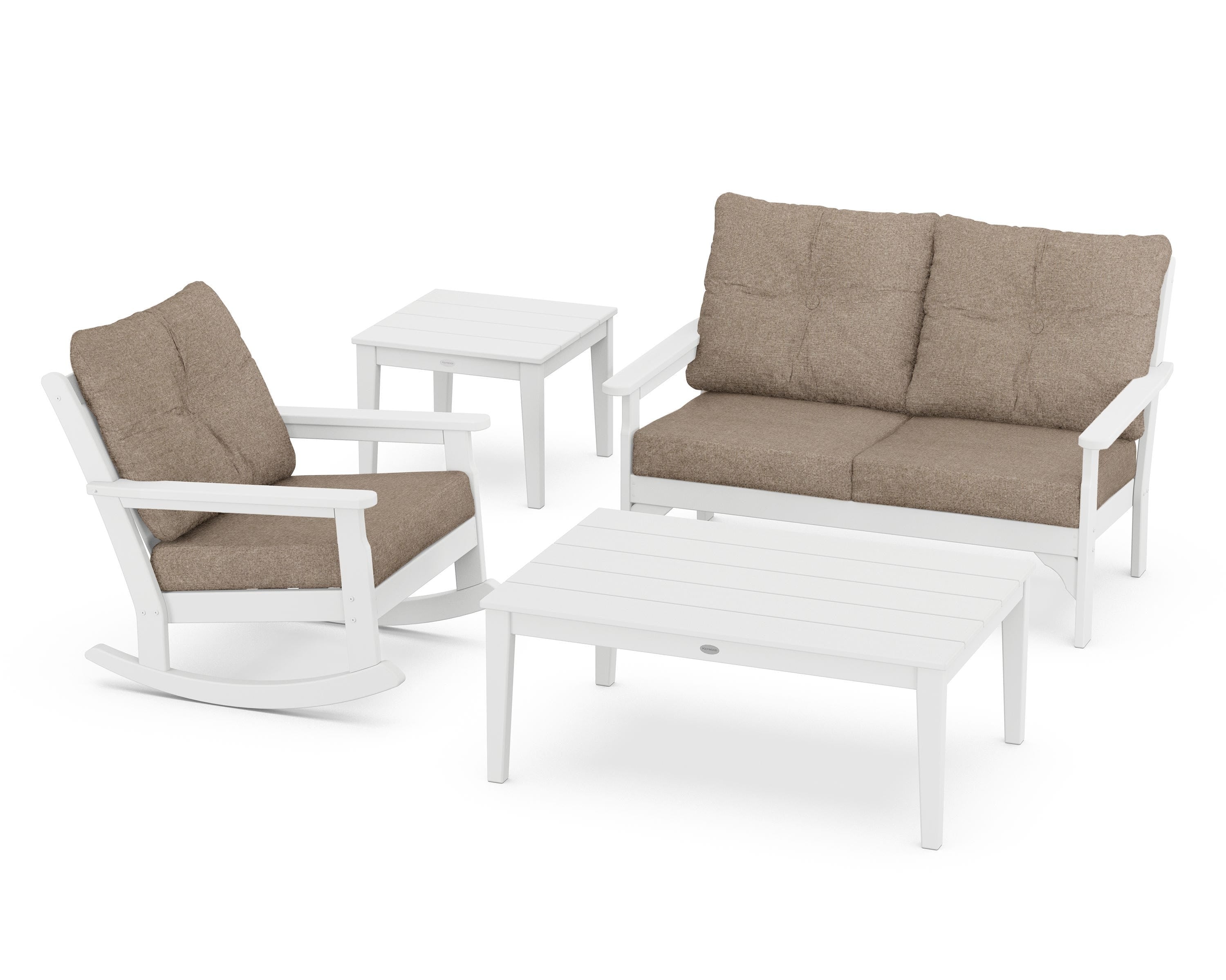 POLYWOOD® Vineyard 4-Piece Deep Seating Rocker Set in White / Spiced Burlap