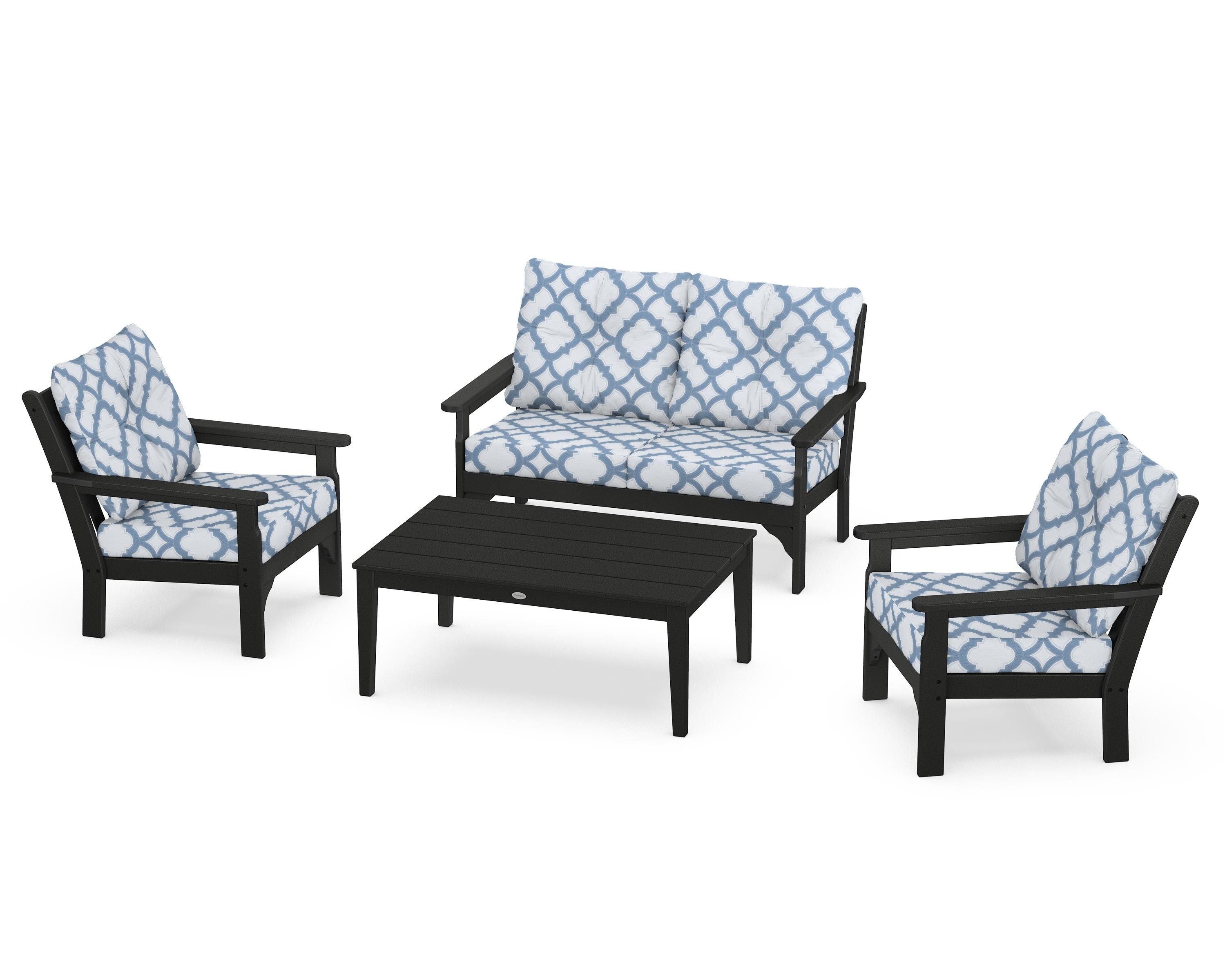 POLYWOOD® Vineyard 4-Piece Deep Seating Set in Black / Trellis Sky Blue