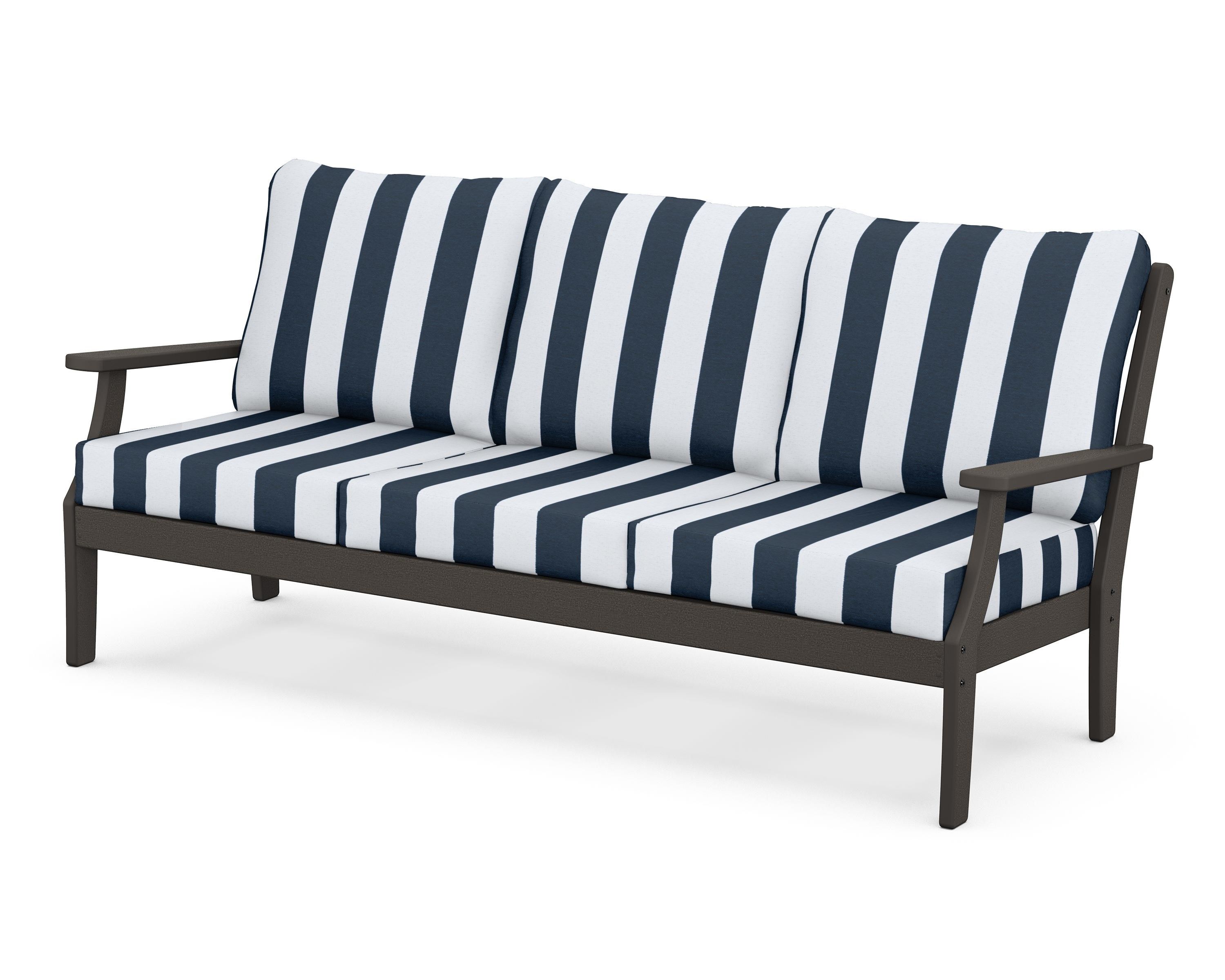 POLYWOOD® Braxton Deep Seating Sofa in Vintage Coffee / Cabana Stripe Marine Indigo