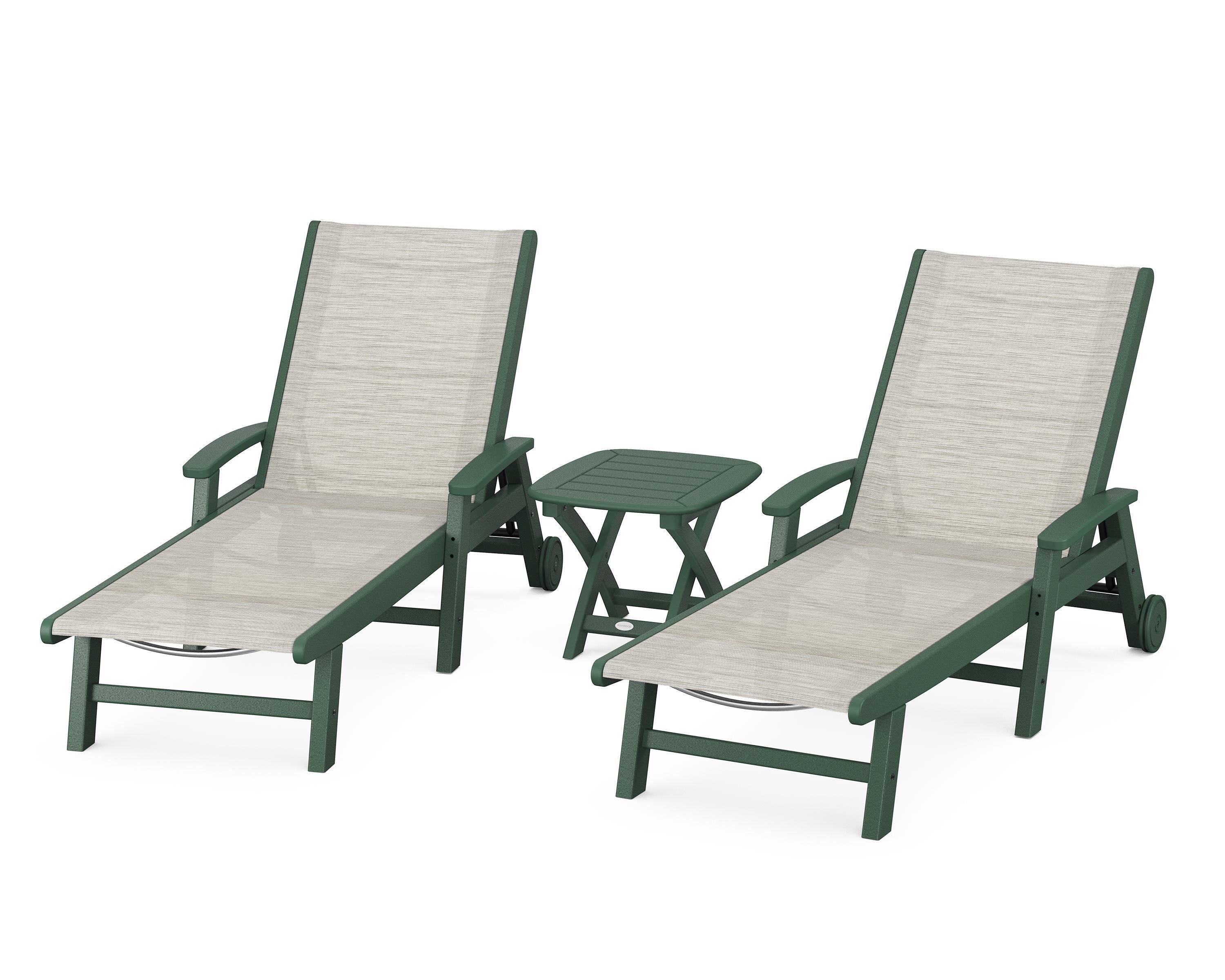 POLYWOOD® Coastal 3-Piece Wheeled Chaise Set in Green / Birch Sling