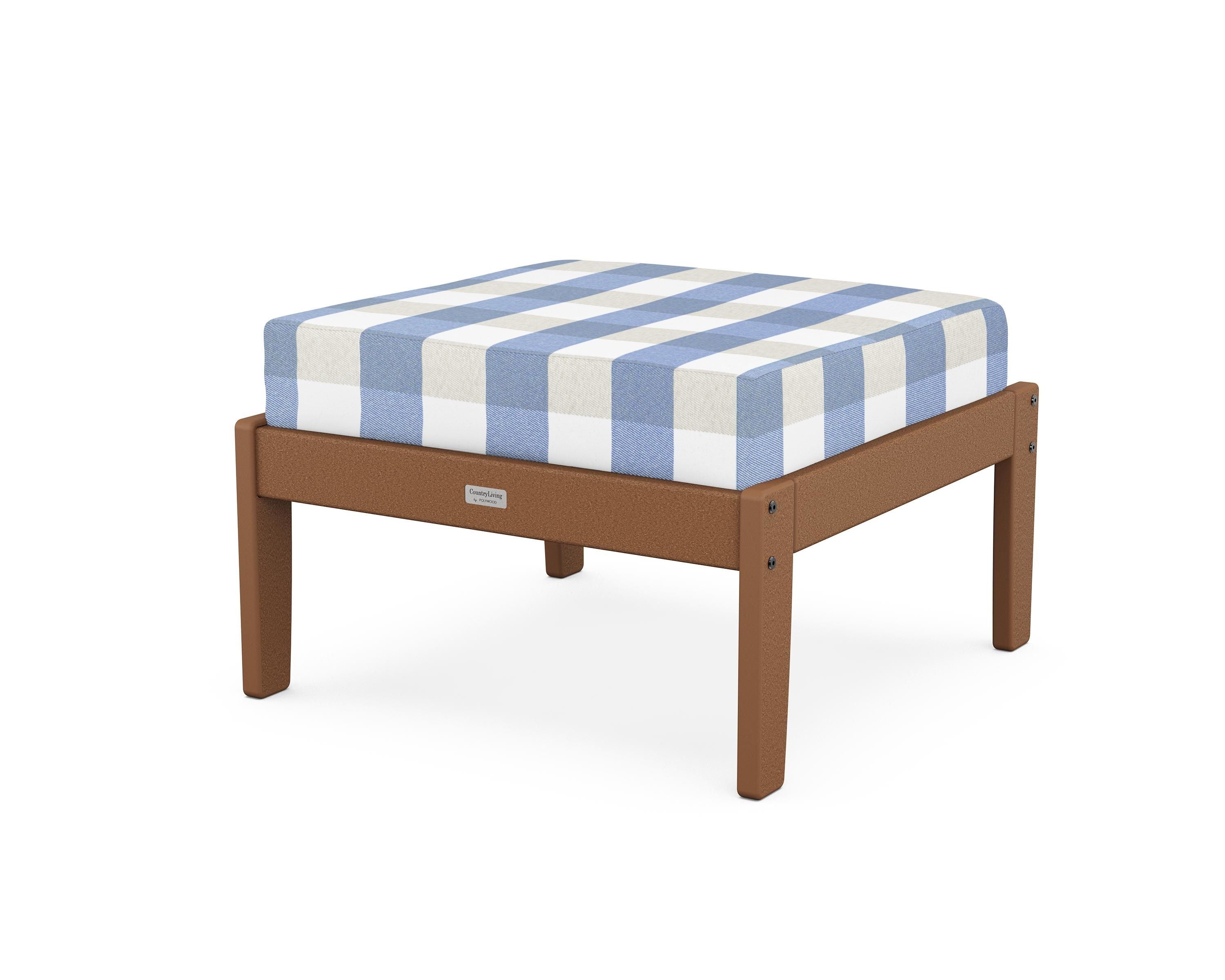 Country Living Cottage Deep Seating Ottoman in Teak / Buffalo Plaid Sky Blue