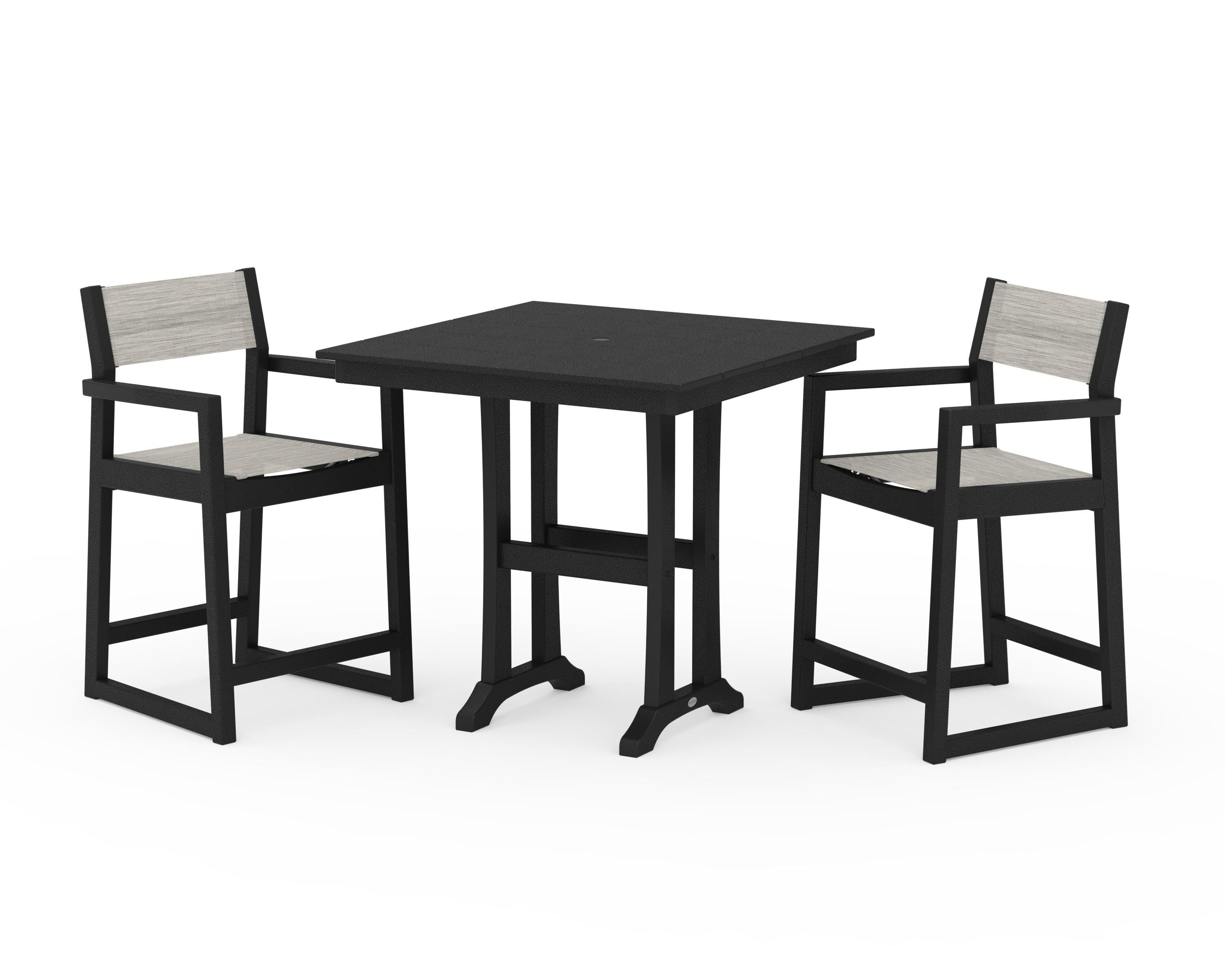 POLYWOOD® EDGE Sling Arm Chair 3-Piece Farmhouse Counter Set with Trestle Legs in Black / Birch Sling