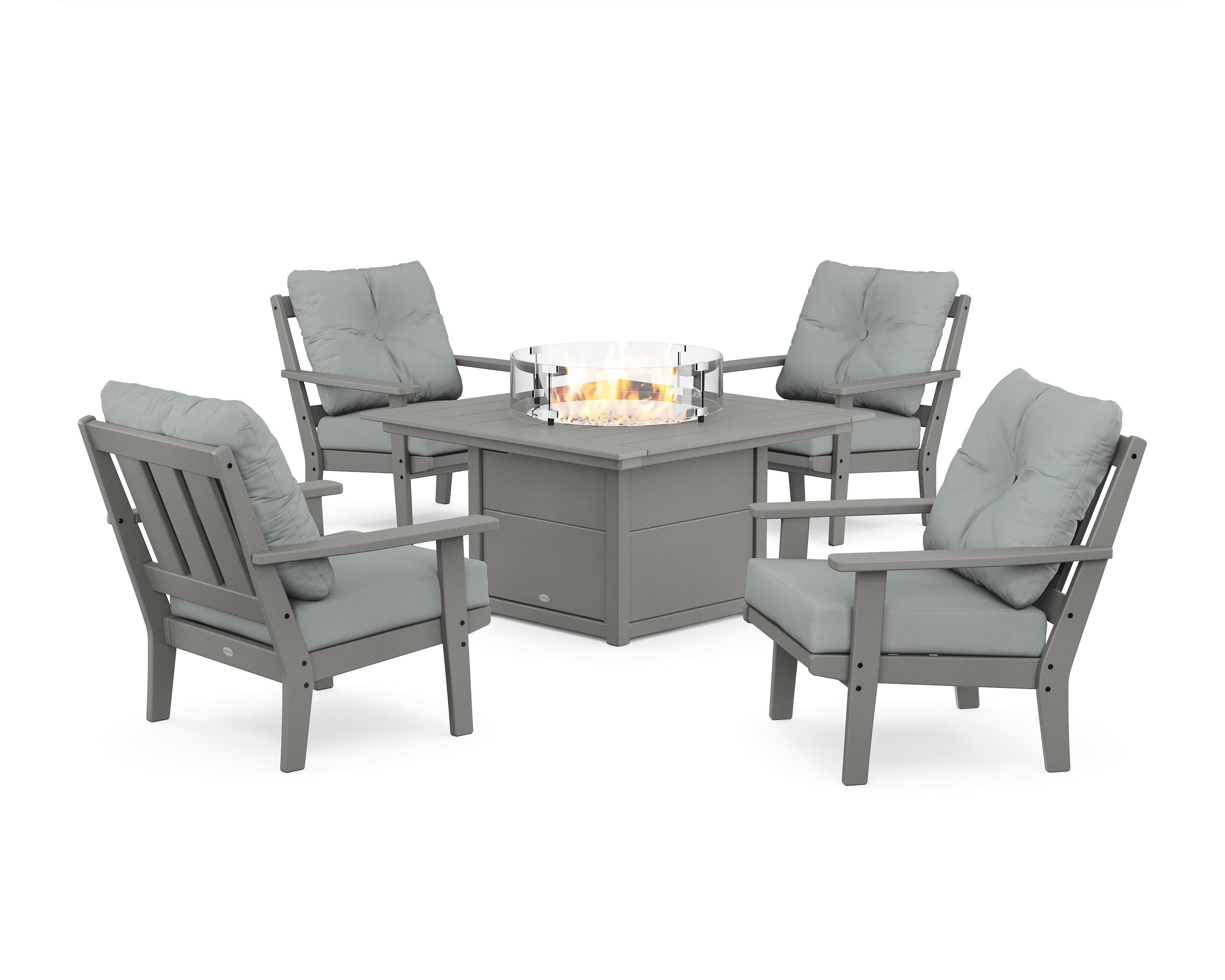 POLYWOOD® Oxford 5-Piece Deep Seating Set with Fire Pit Table in Slate Grey / Spa