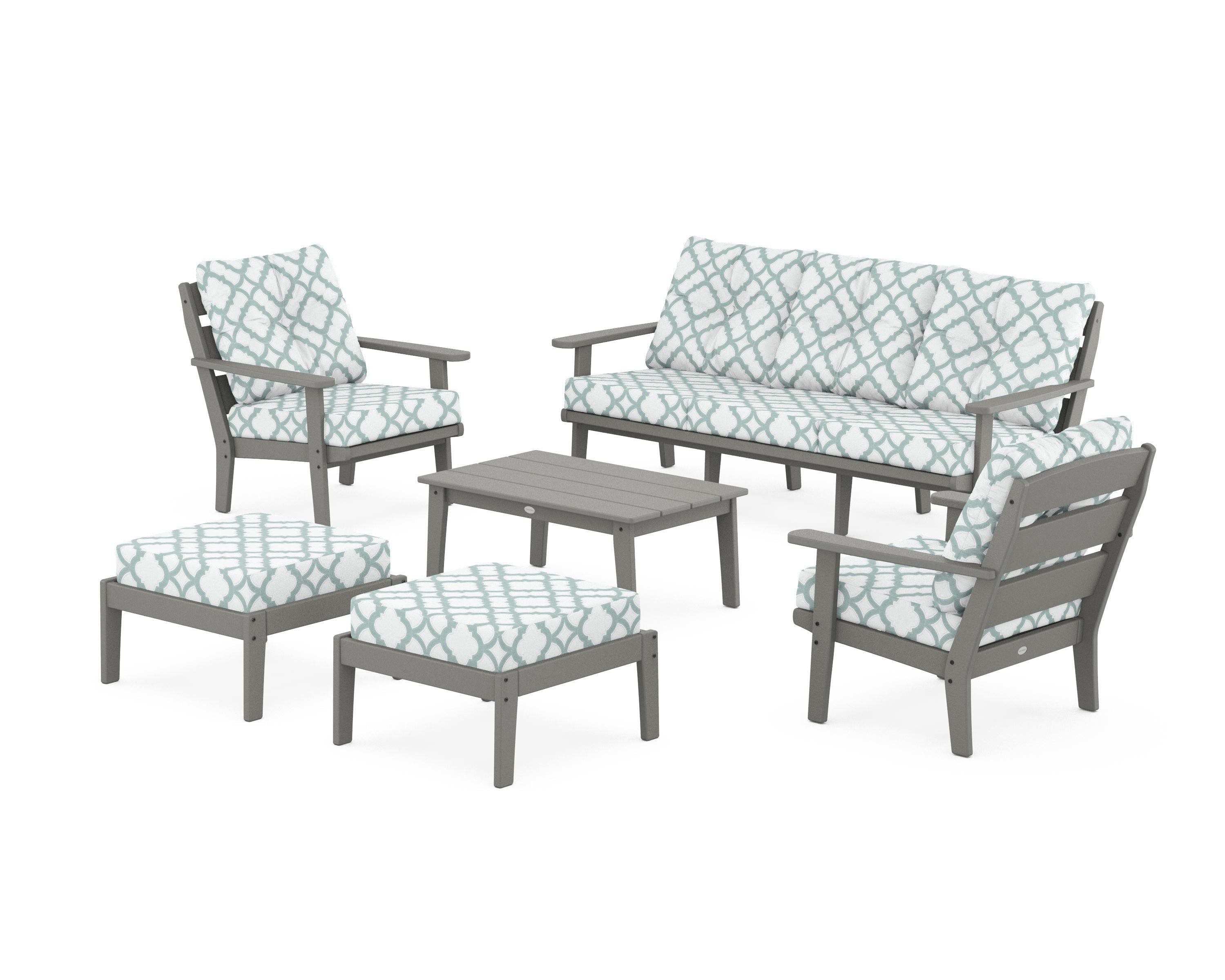 POLYWOOD® Lakeside 6-Piece Lounge Sofa Set in Slate Grey / Trellis Glacier Spa