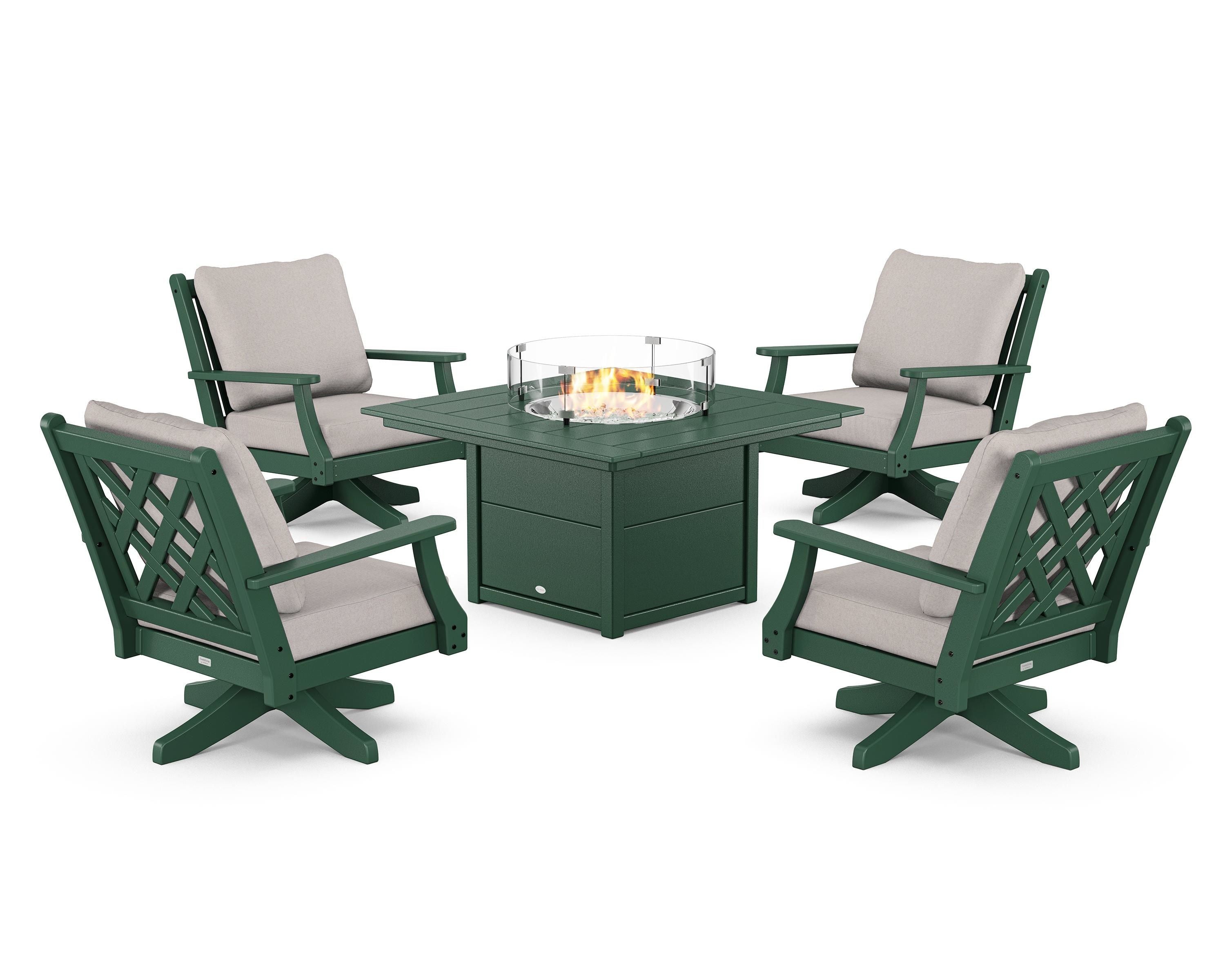 Country Living Wovendale 5-Piece Deep Seating Swivel Conversation Set with Fire Pit Table in Green / Dune Burlap