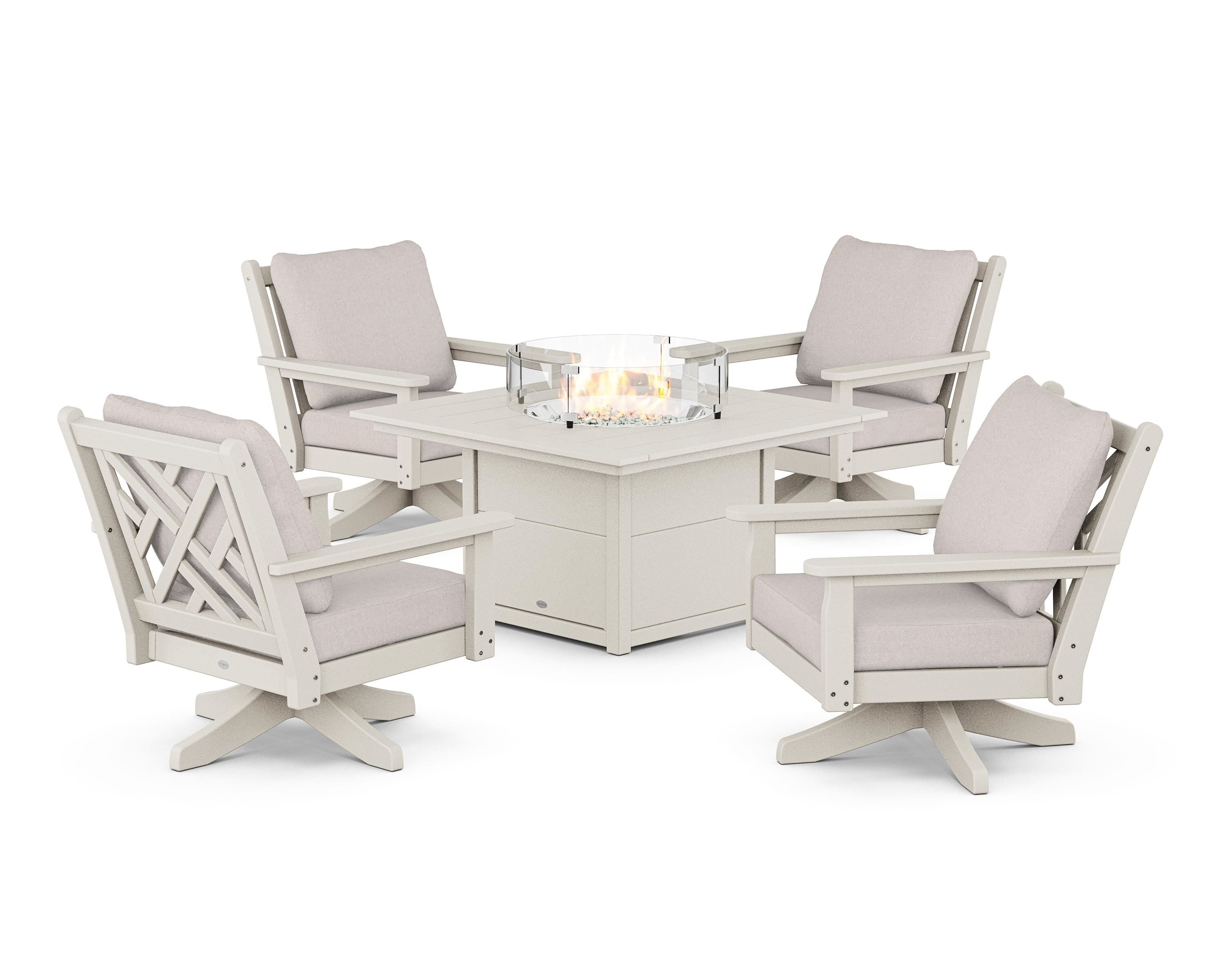 POLYWOOD® Chippendale 5-Piece Deep Seating Swivel Conversation Set with Fire Pit Table in Sand / Dune Burlap