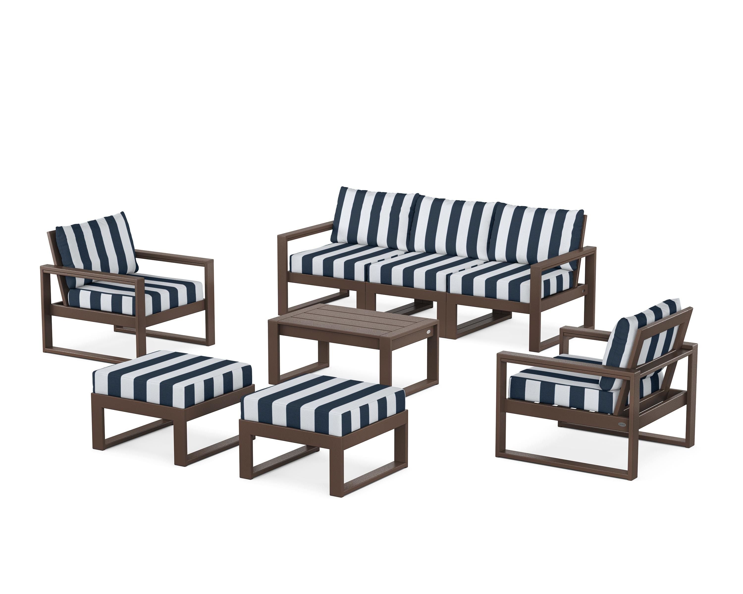 POLYWOOD® EDGE Sectional 8-Piece Lounge Sofa Set in Mahogany / Cabana Stripe Marine Indigo