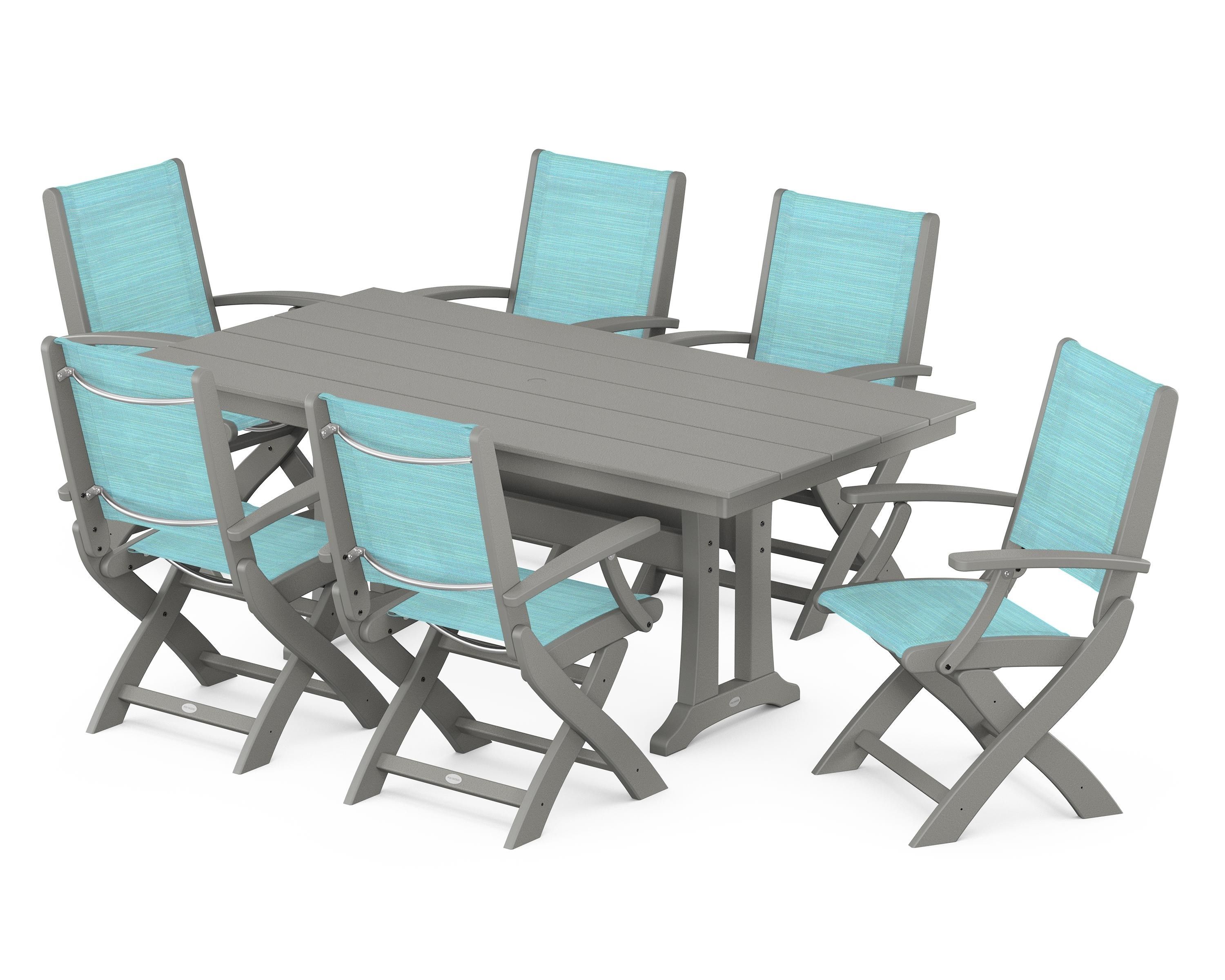 POLYWOOD® Coastal Folding Arm Chair 7-Piece Farmhouse Dining Set with Trestle Legs in Slate Grey / Dupioni Aquamarine Sling