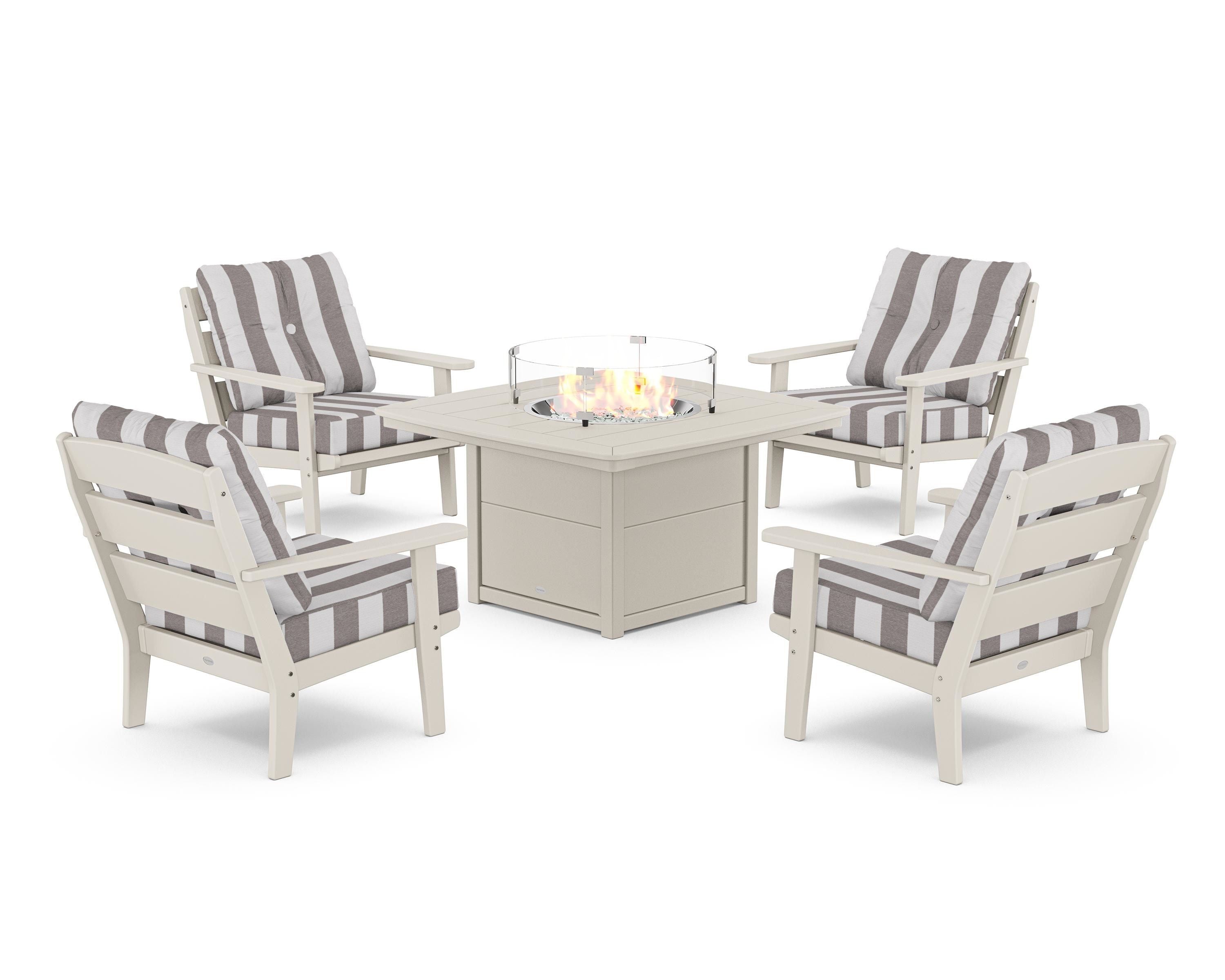 POLYWOOD® Lakeside 5-Piece Deep Seating Set with Nautical Fire Pit Table in Sand / Cabana Stripe Grey Mist