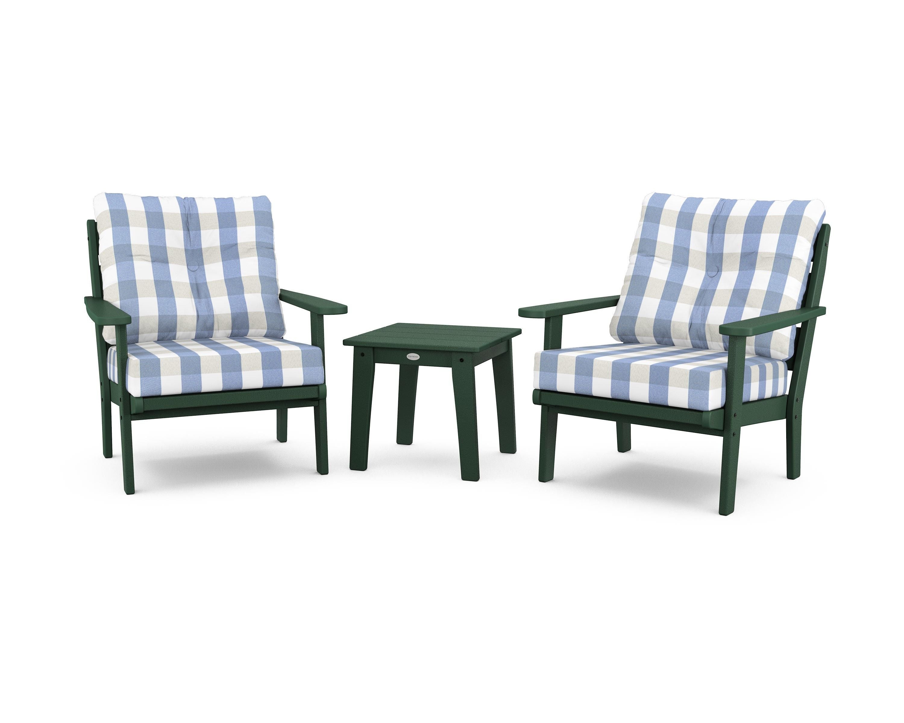 POLYWOOD® Lakeside 3-Piece Deep Seating Chair Set in Green / Buffalo Plaid Sky Blue