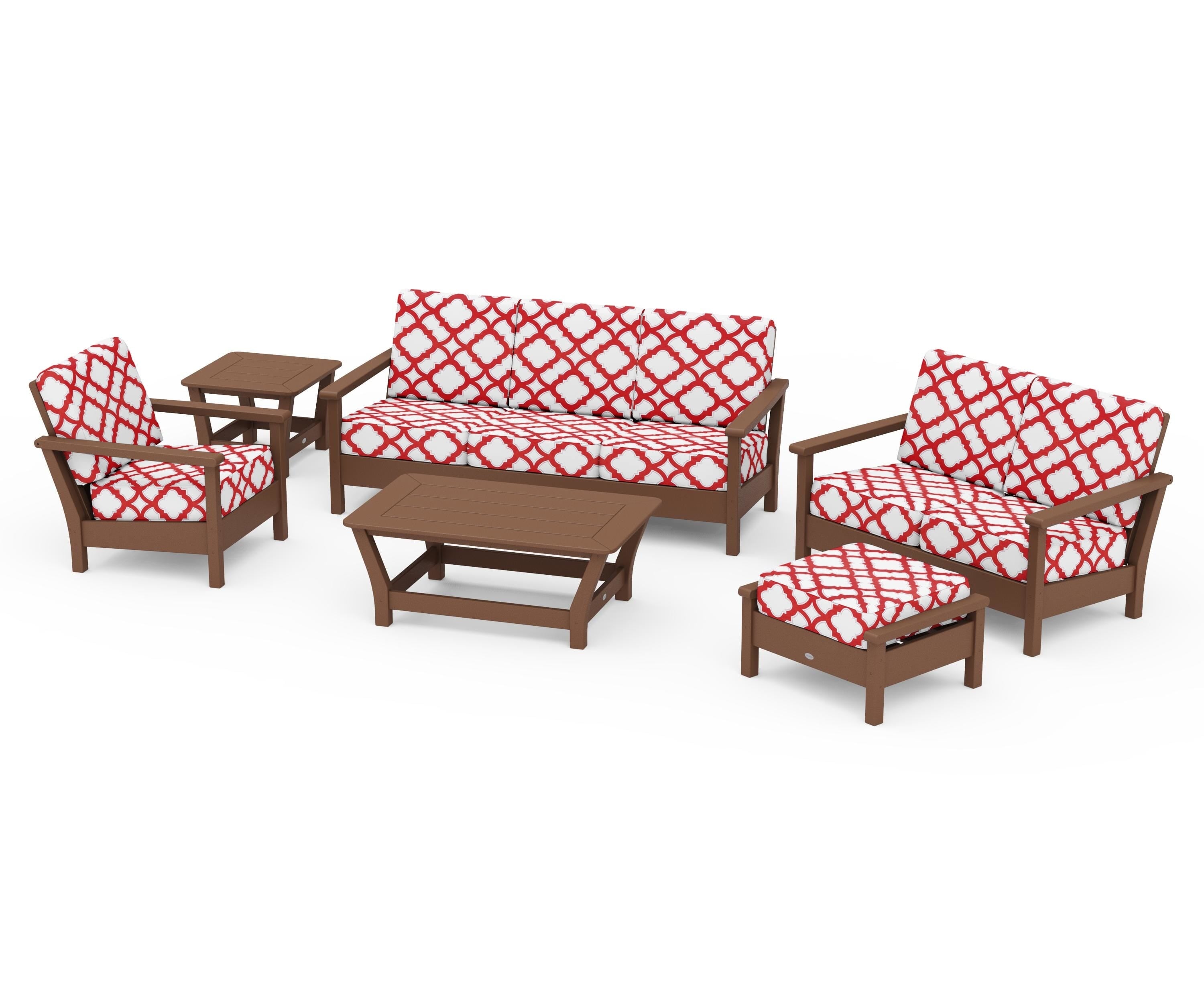 POLYWOOD® Harbour 6-Piece Outdoor Living Set in Teak / Trellis Crimson