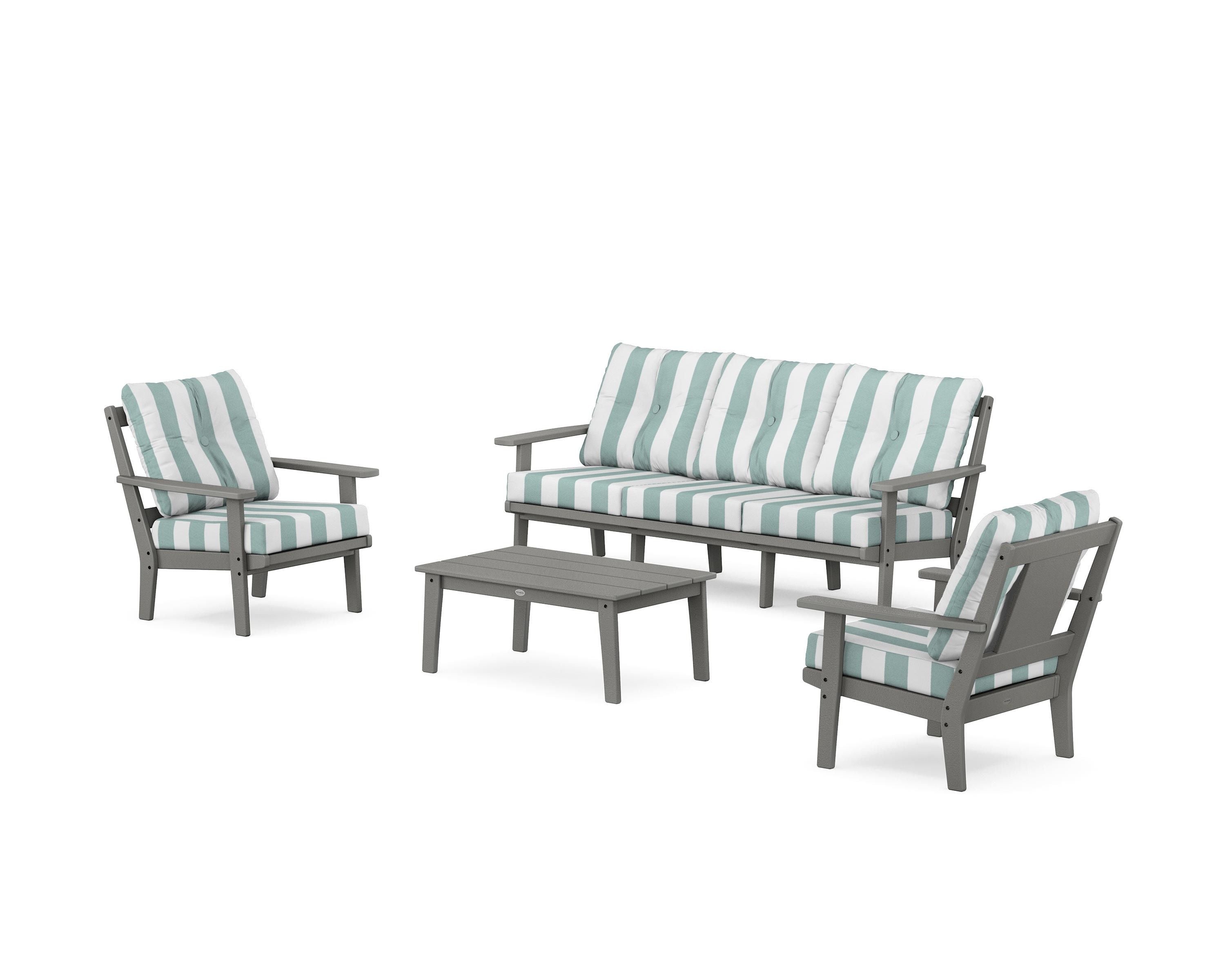 POLYWOOD® Prairie 4-Piece Deep Seating Set with Sofa in Slate Grey / Cabana Stripe Glacier Spa