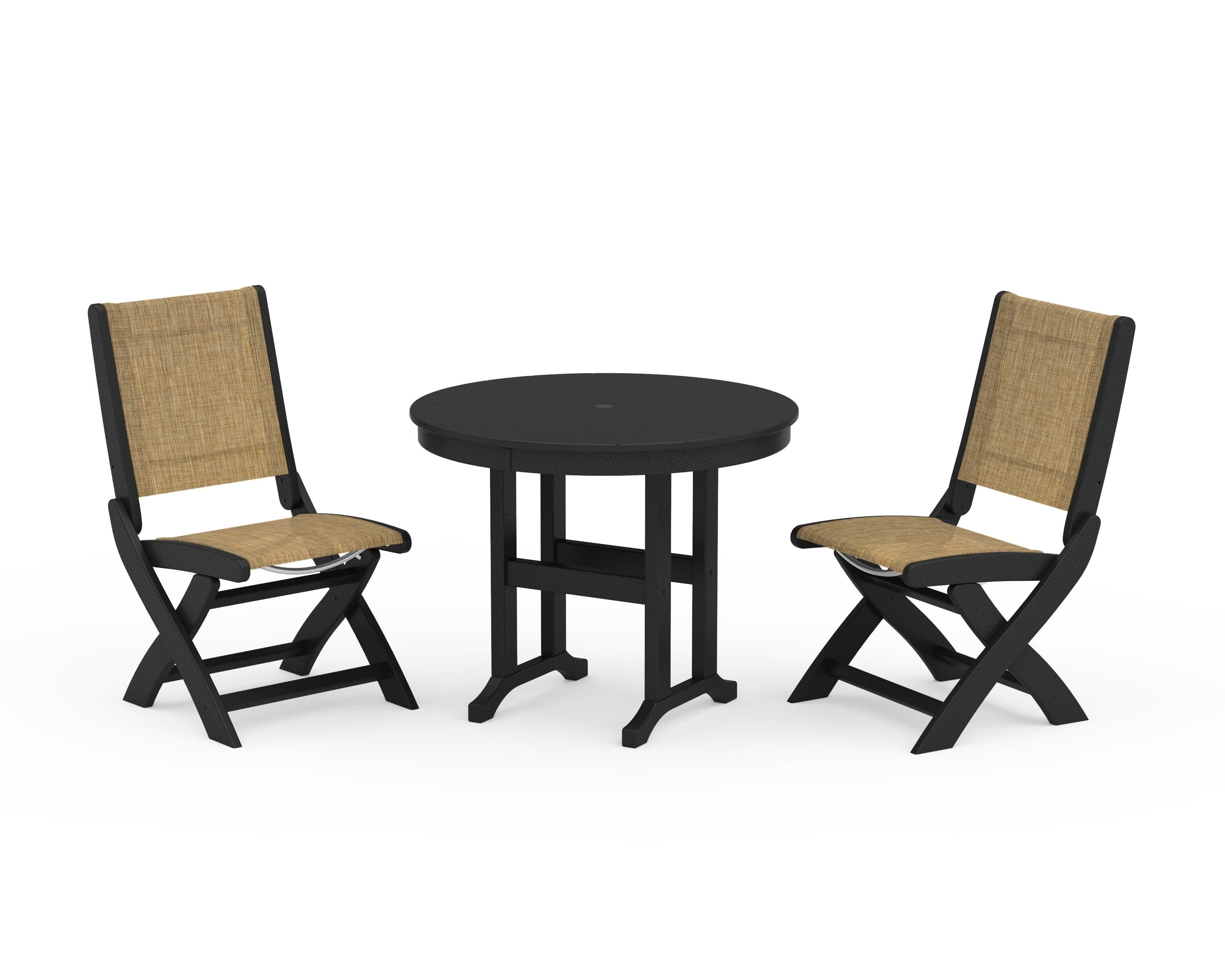 POLYWOOD® Coastal Folding Side Chair 3-Piece Round Dining Set in Black / Burlap Sling