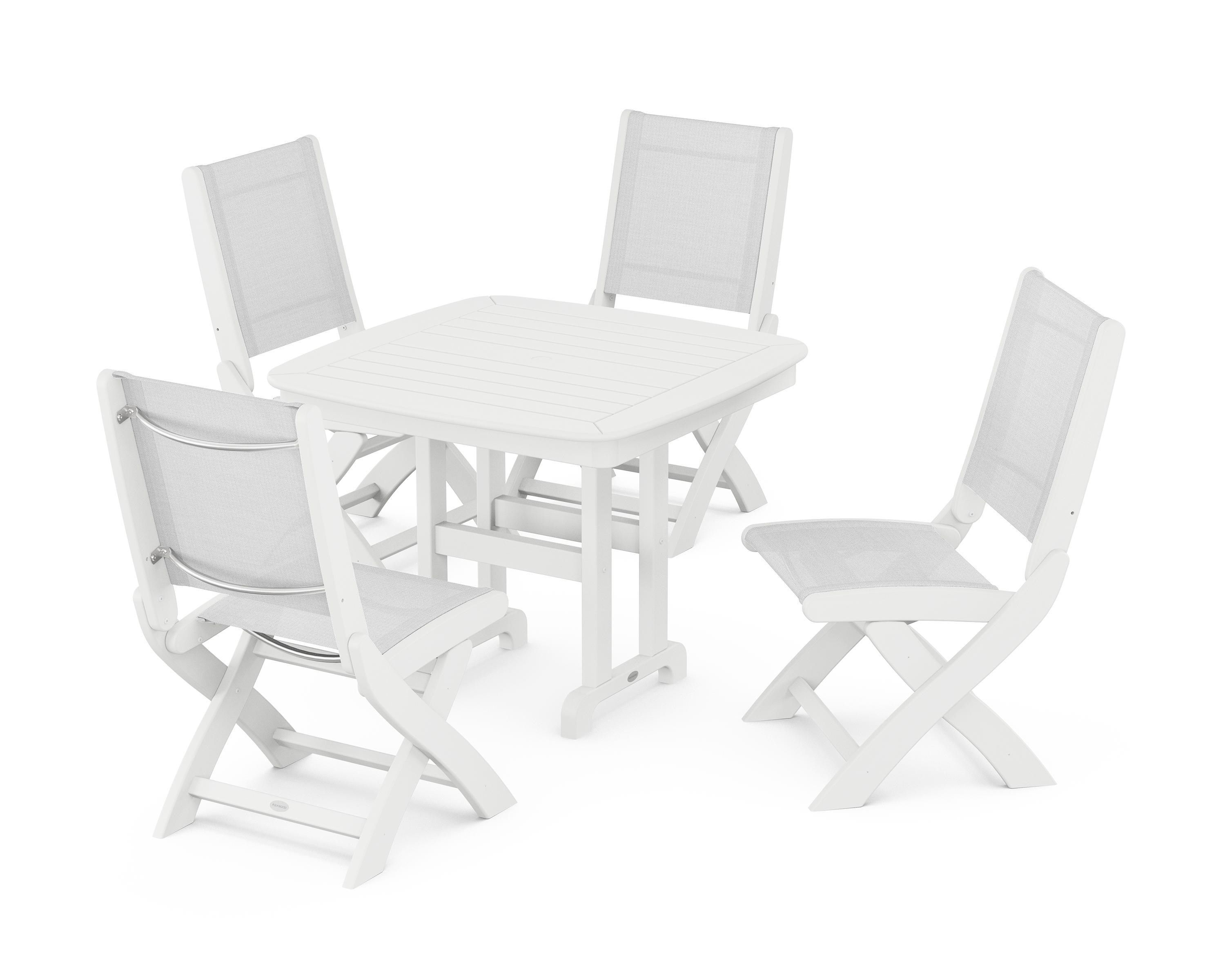 POLYWOOD® Coastal Folding Side Chair 5-Piece Dining Set in White / White Sling