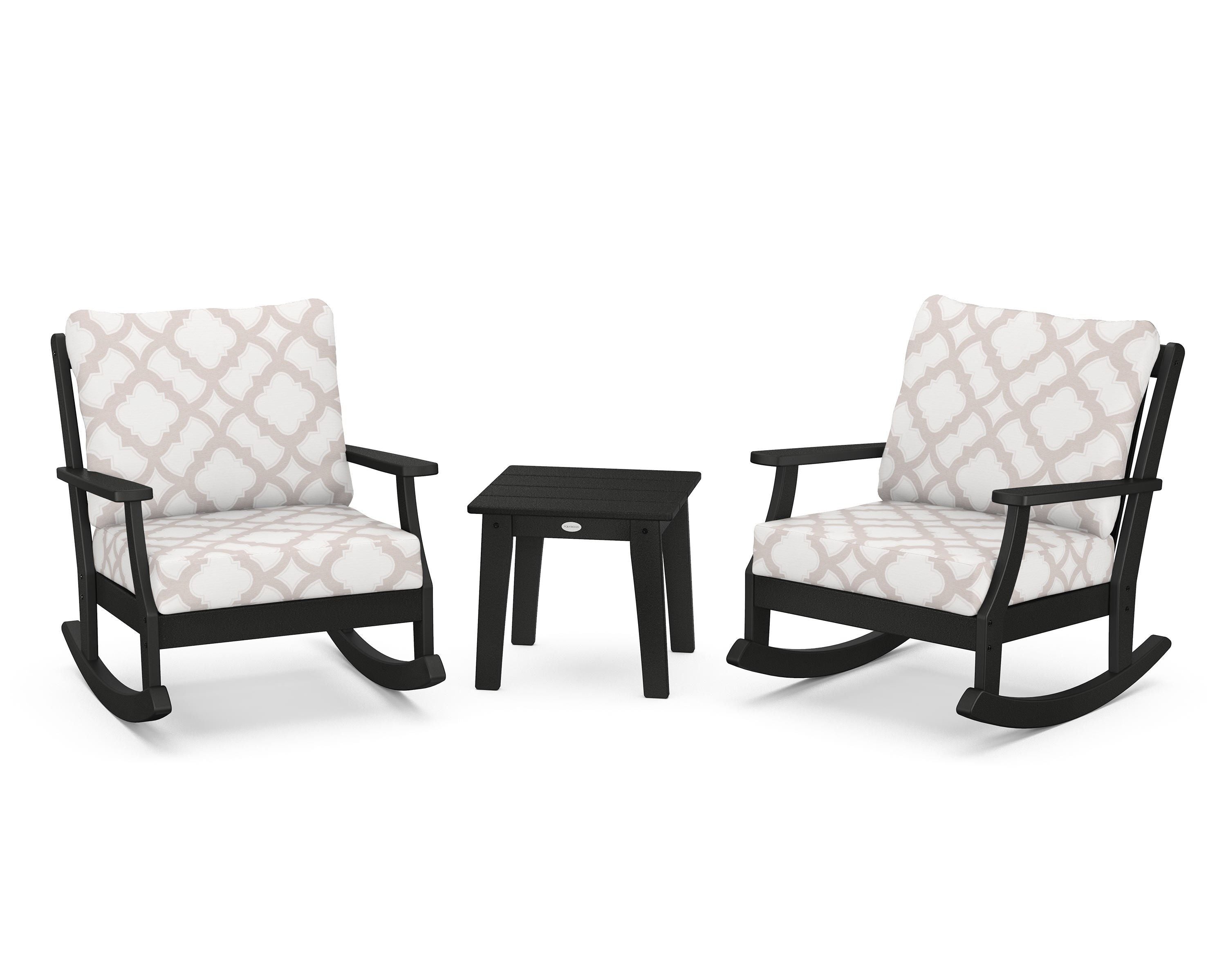 POLYWOOD® Braxton 3-Piece Deep Seating Rocker Set in Black / Trellis Dune Burlap
