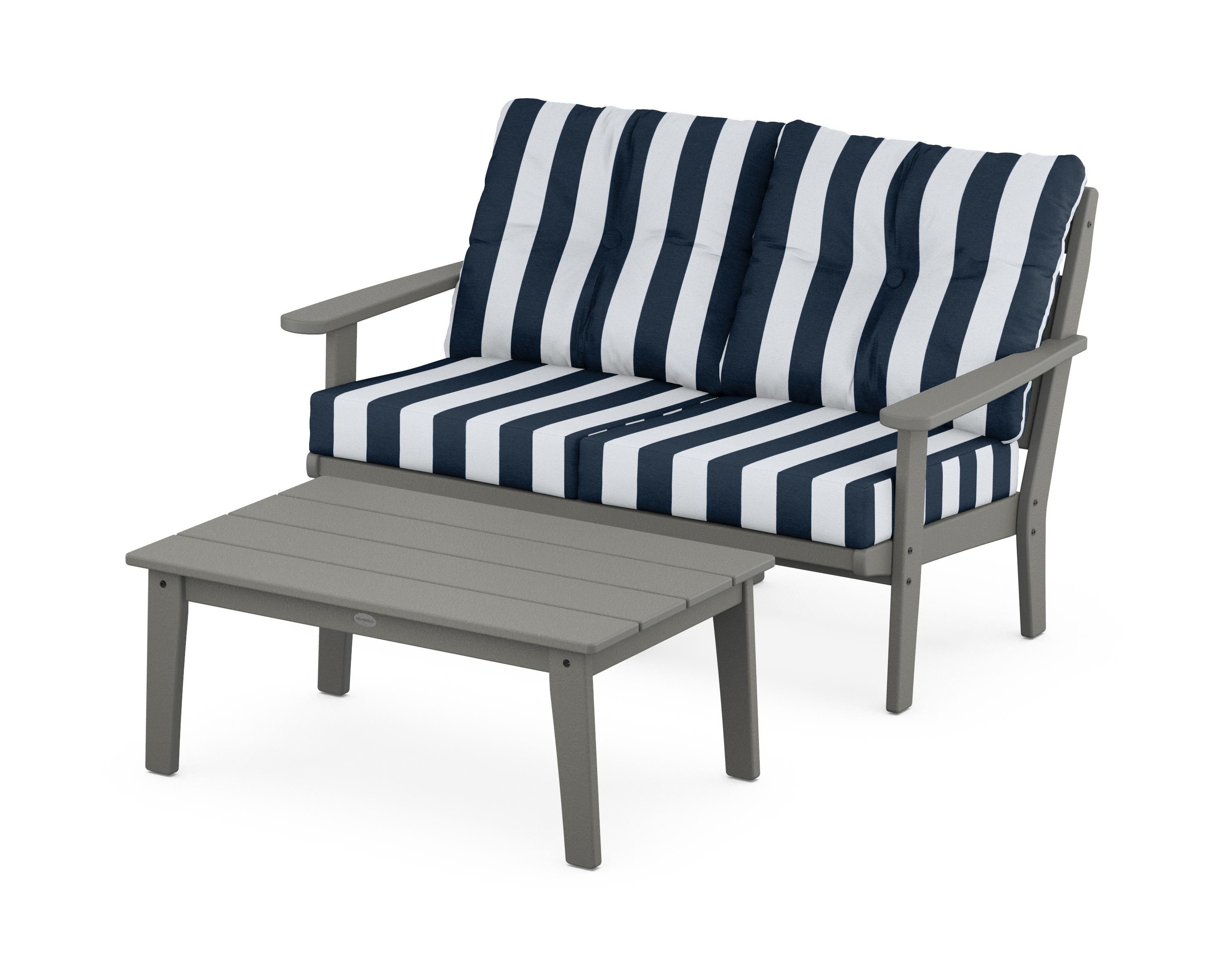 POLYWOOD® Lakeside 2-Piece Lounge Loveseat Set in Slate Grey / Cabana Stripe Marine Indigo