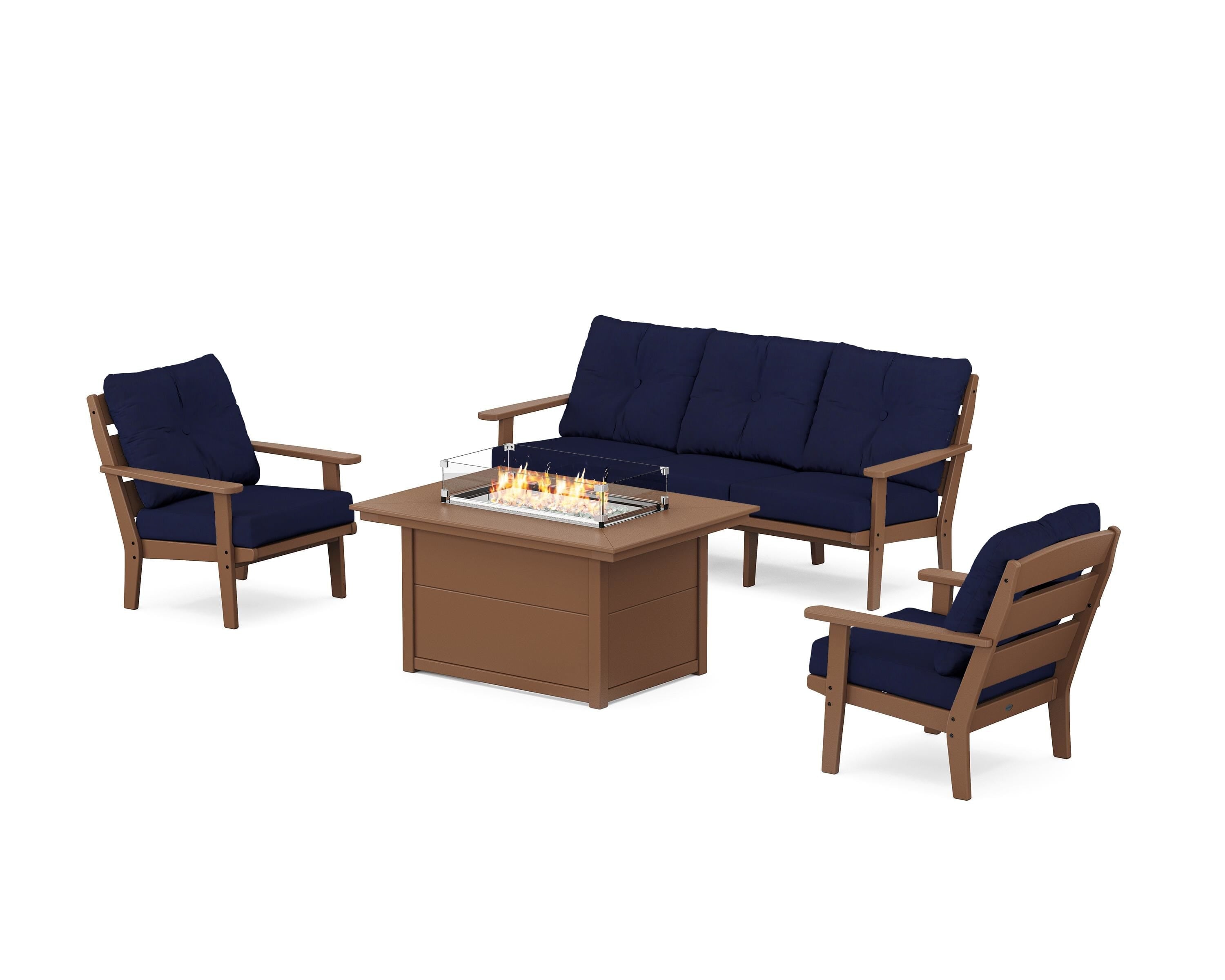 POLYWOOD® Lakeside Deep Seating Fire Pit Table Set in Teak / Navy