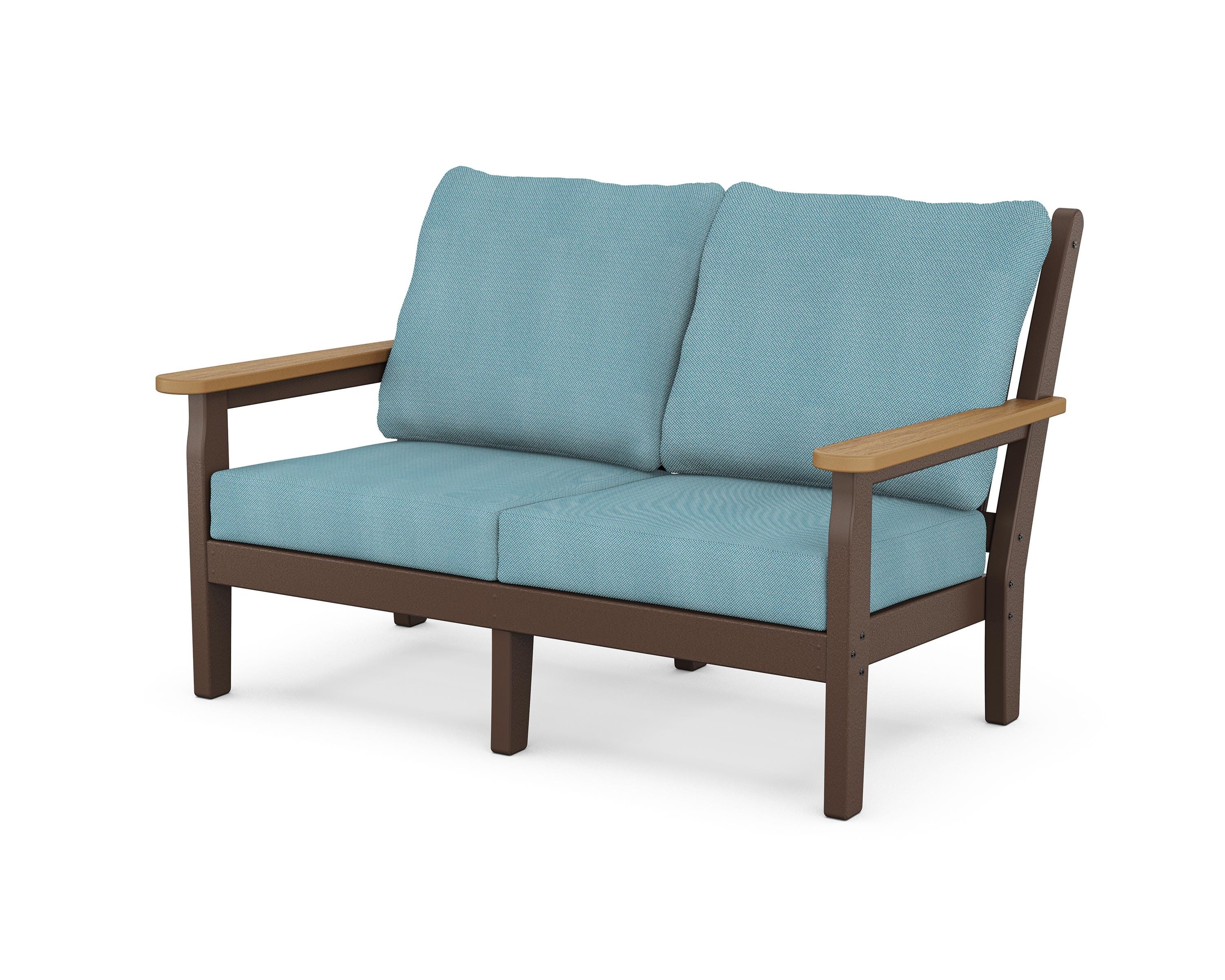 POLYWOOD® Chippendale Deep Seating Loveseat in Mahogany / Natural / Lattice Sky Blue