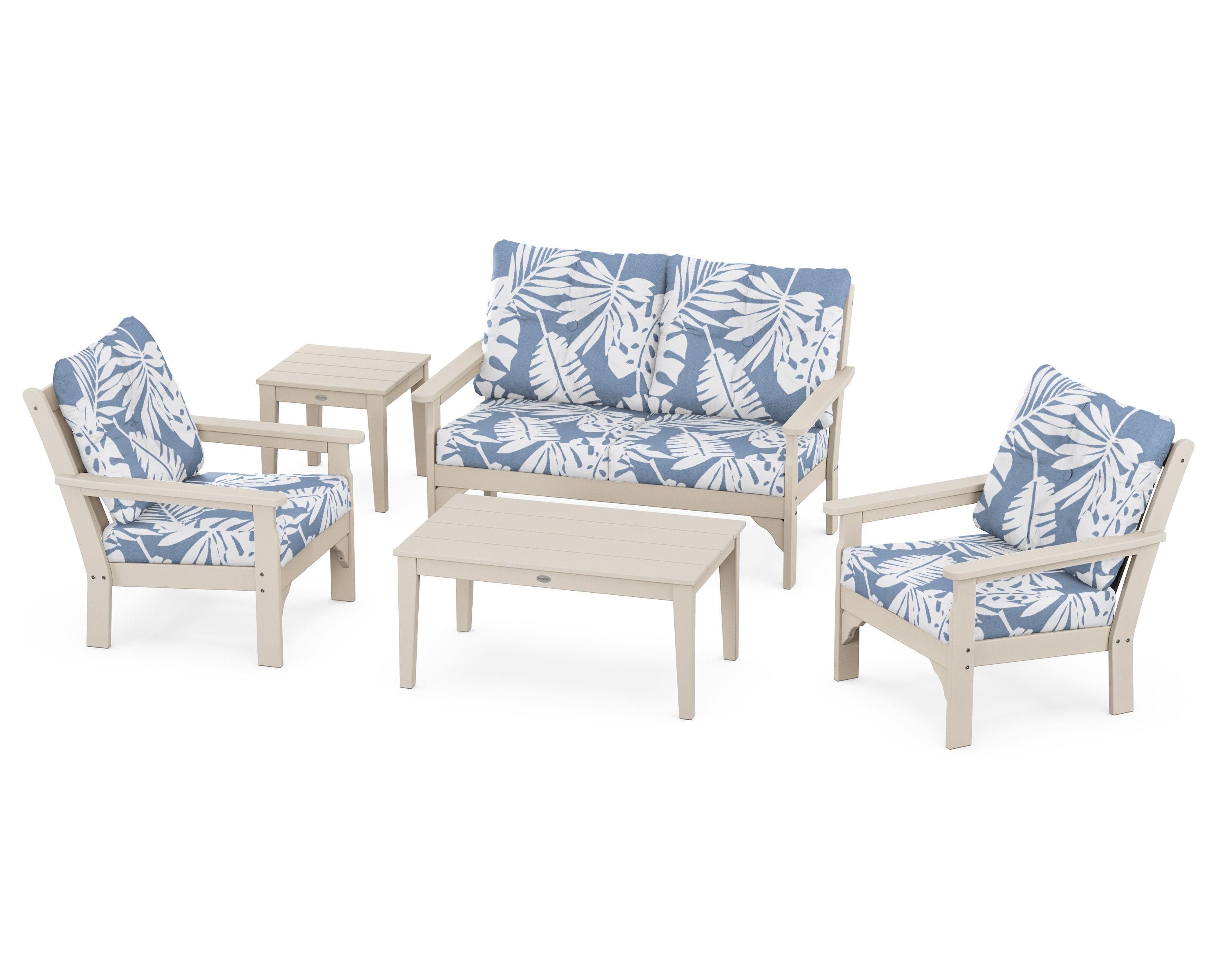 POLYWOOD® Vineyard 5-Piece Deep Seating Set in Sand / Leaf Sky Blue