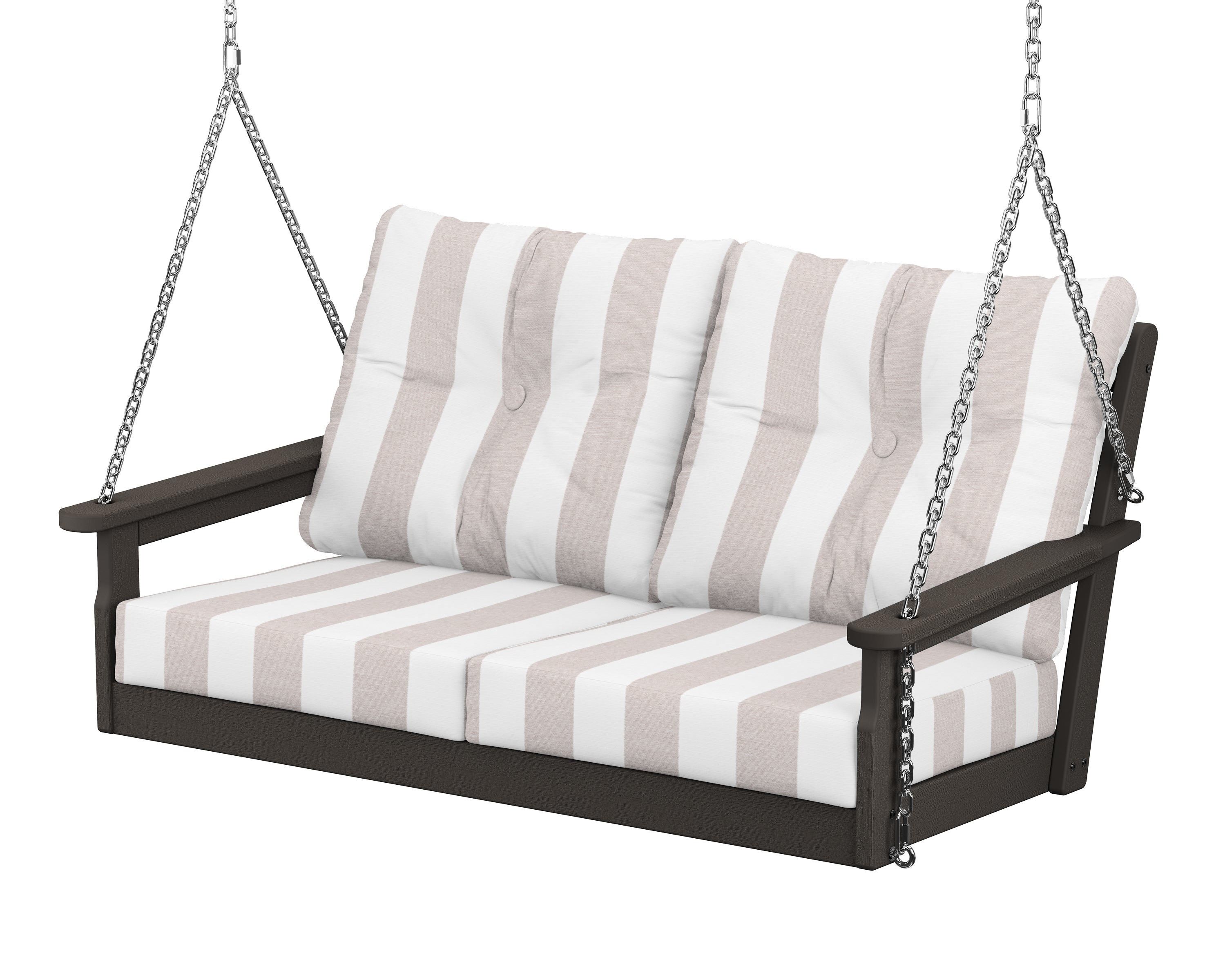 POLYWOOD® Vineyard Deep Seating Swing in Vintage Coffee / Cabana Stripe Dune Burlap