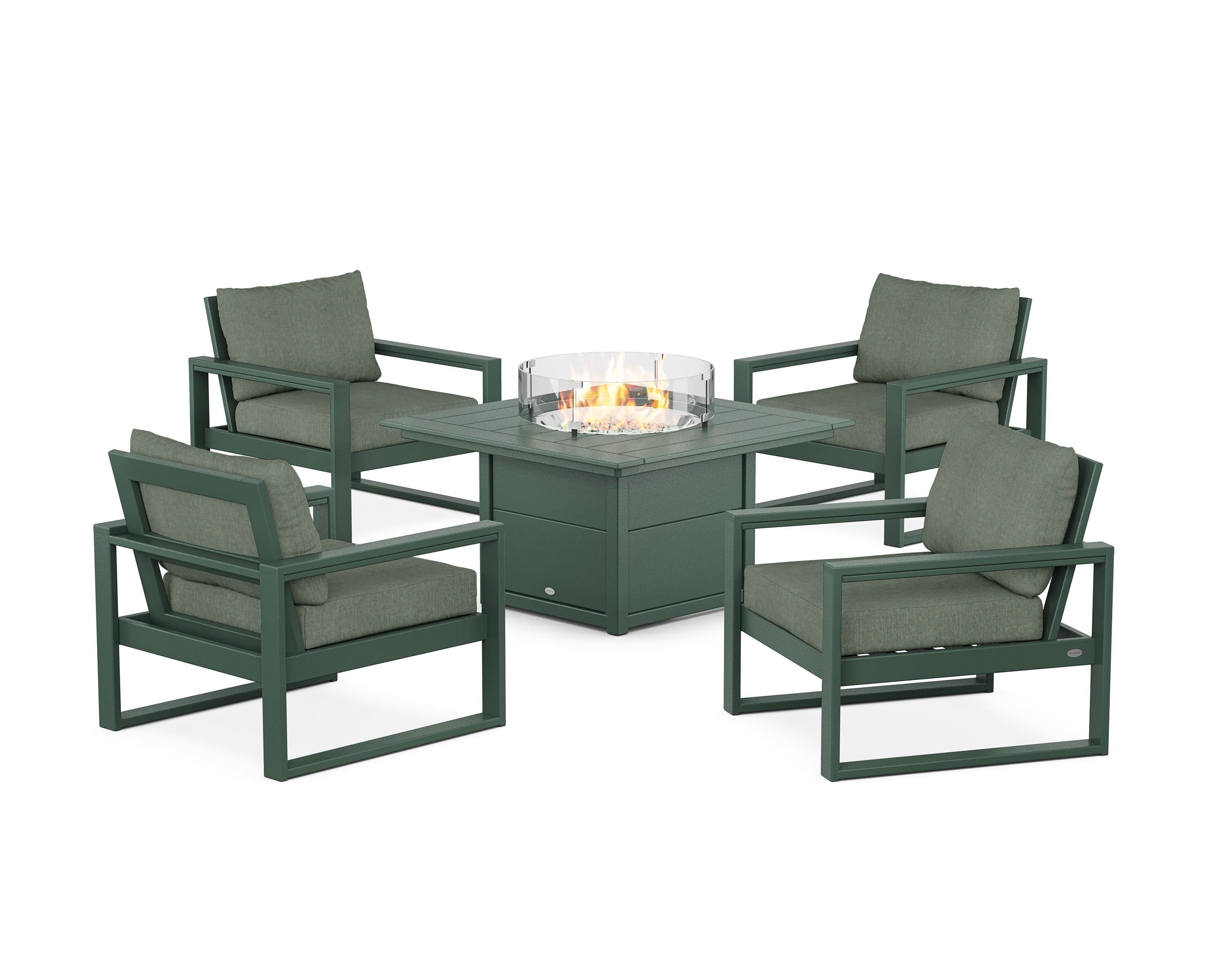POLYWOOD® EDGE Sectional 5-Piece Deep Seating Set with Fire Pit Table in Green / Cast Sage