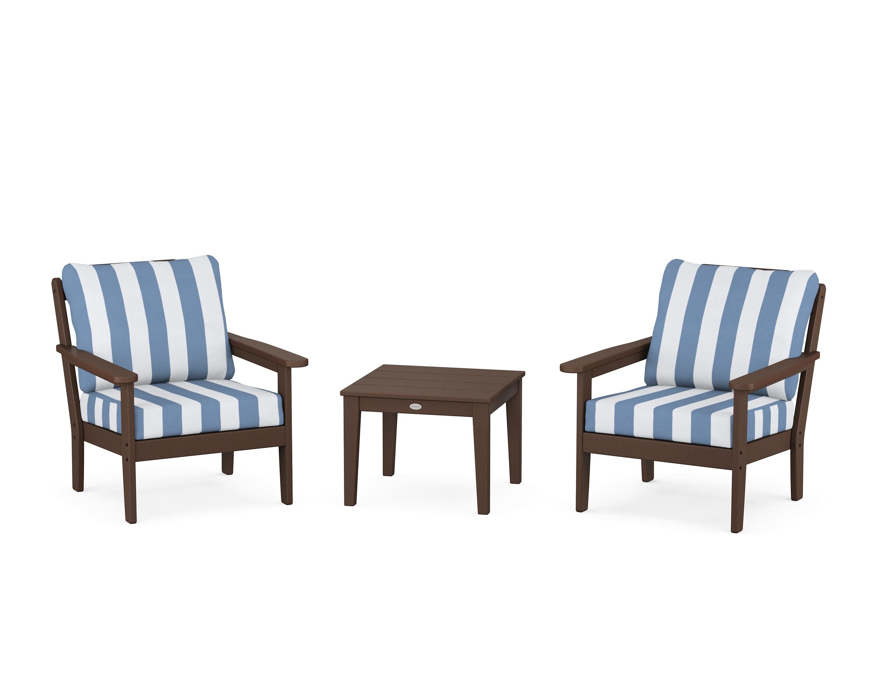 Country Living Cottage 3-Piece Deep Seating Set in Mahogany / Cabana Stripe Sky Blue