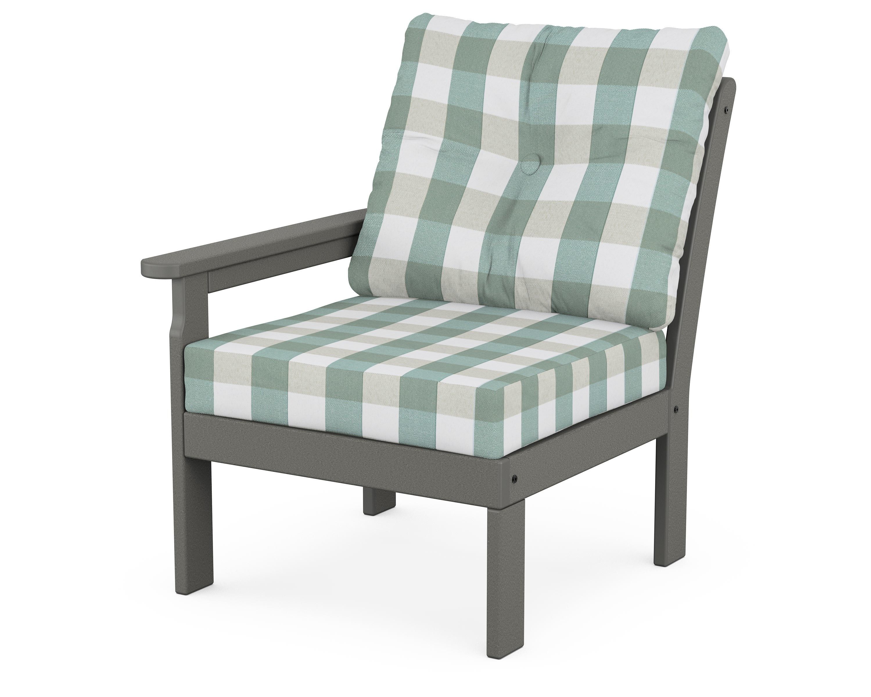 POLYWOOD® Vineyard Modular Left Arm Chair in Slate Grey / Buffalo Plaid Glacier Spa