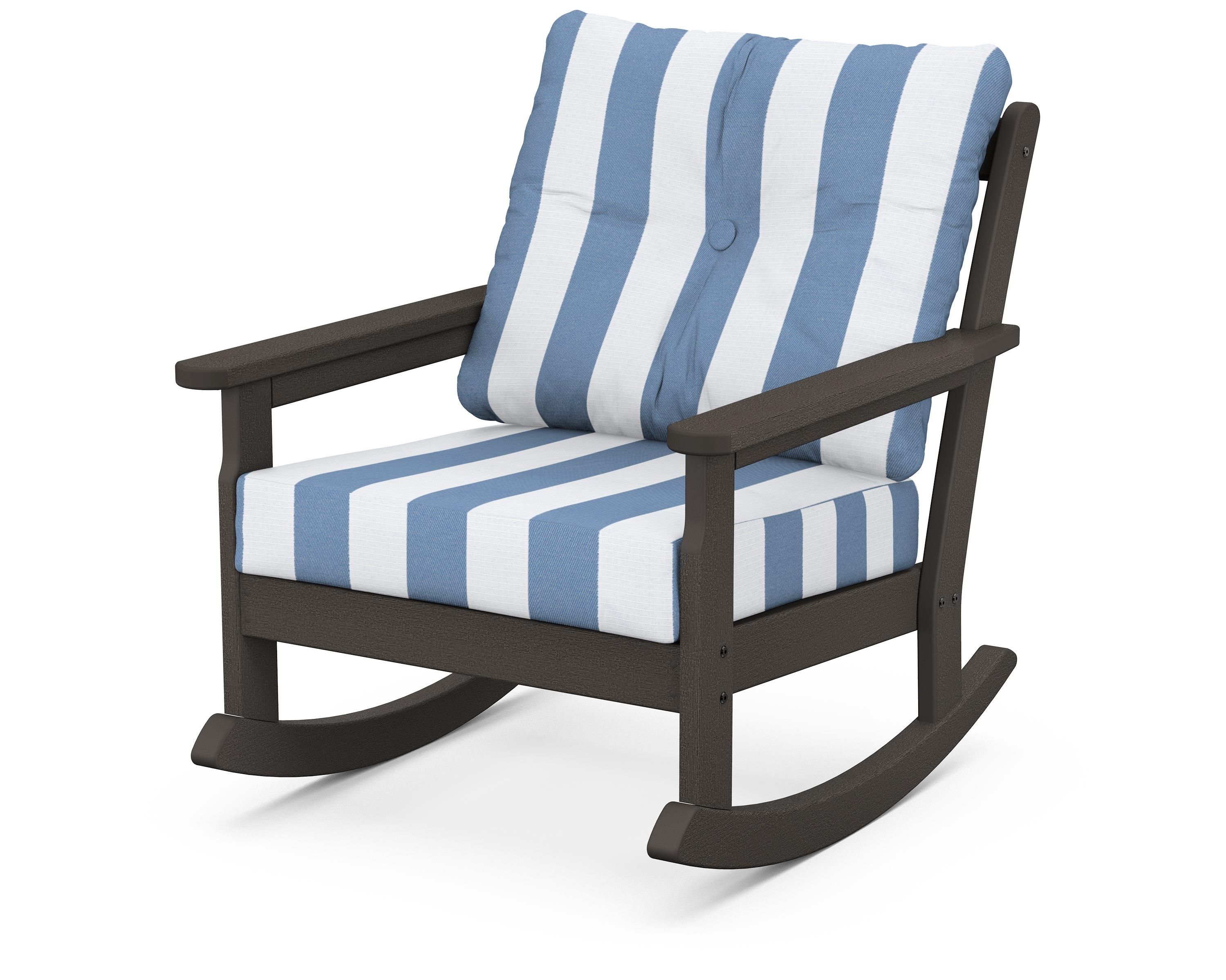 POLYWOOD® Vineyard Deep Seating Rocking Chair in Vintage Coffee / Cabana Stripe Sky Blue