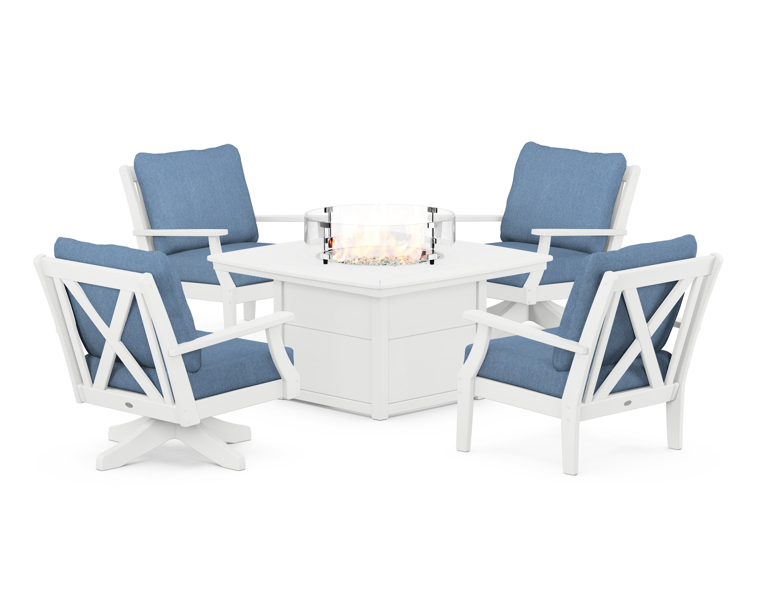 POLYWOOD® Braxton 5-Piece Deep Seating Set with Fire Table in White / Sky Blue