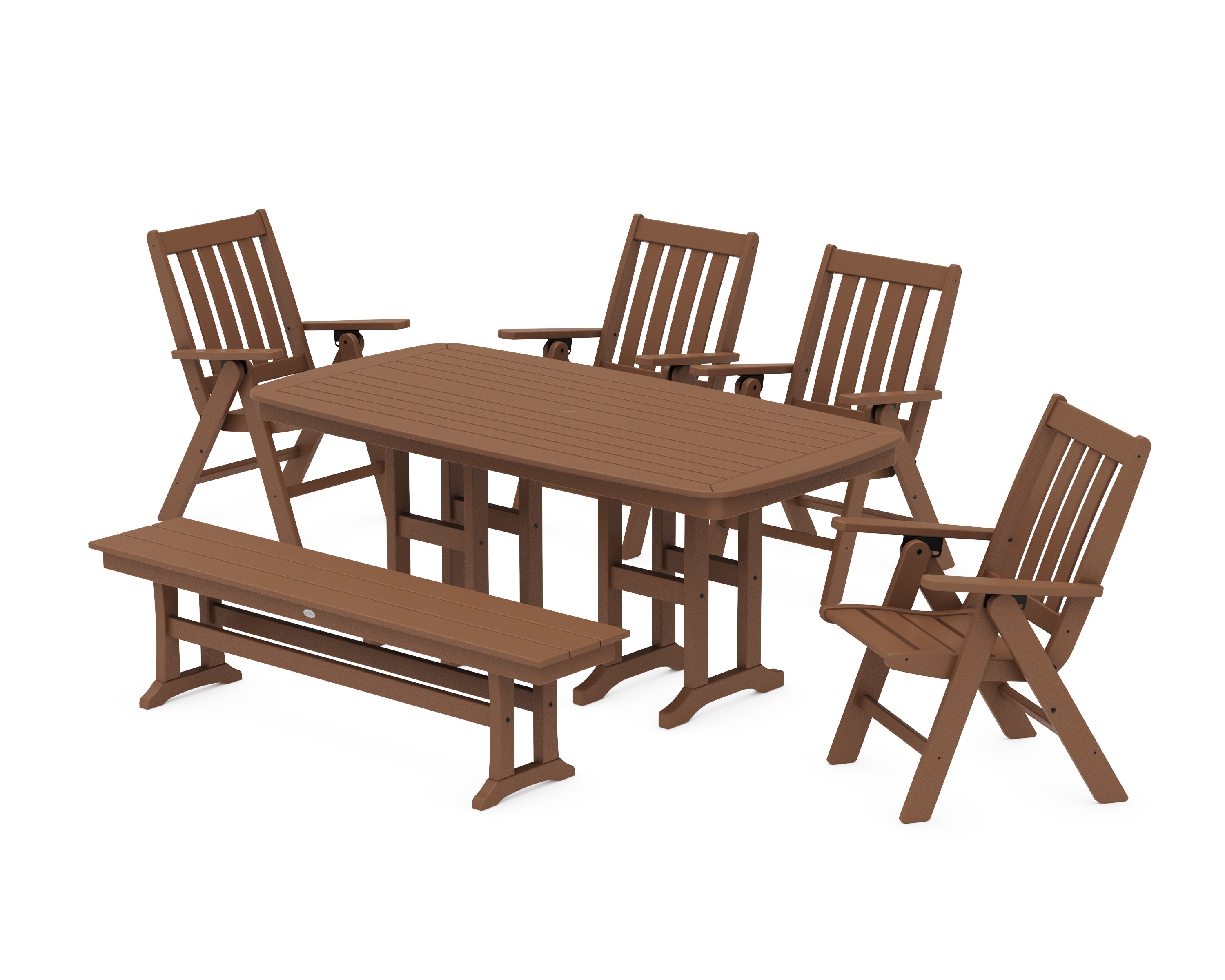 POLYWOOD® Vineyard Folding Chair 6-Piece Dining Set with Bench in Teak