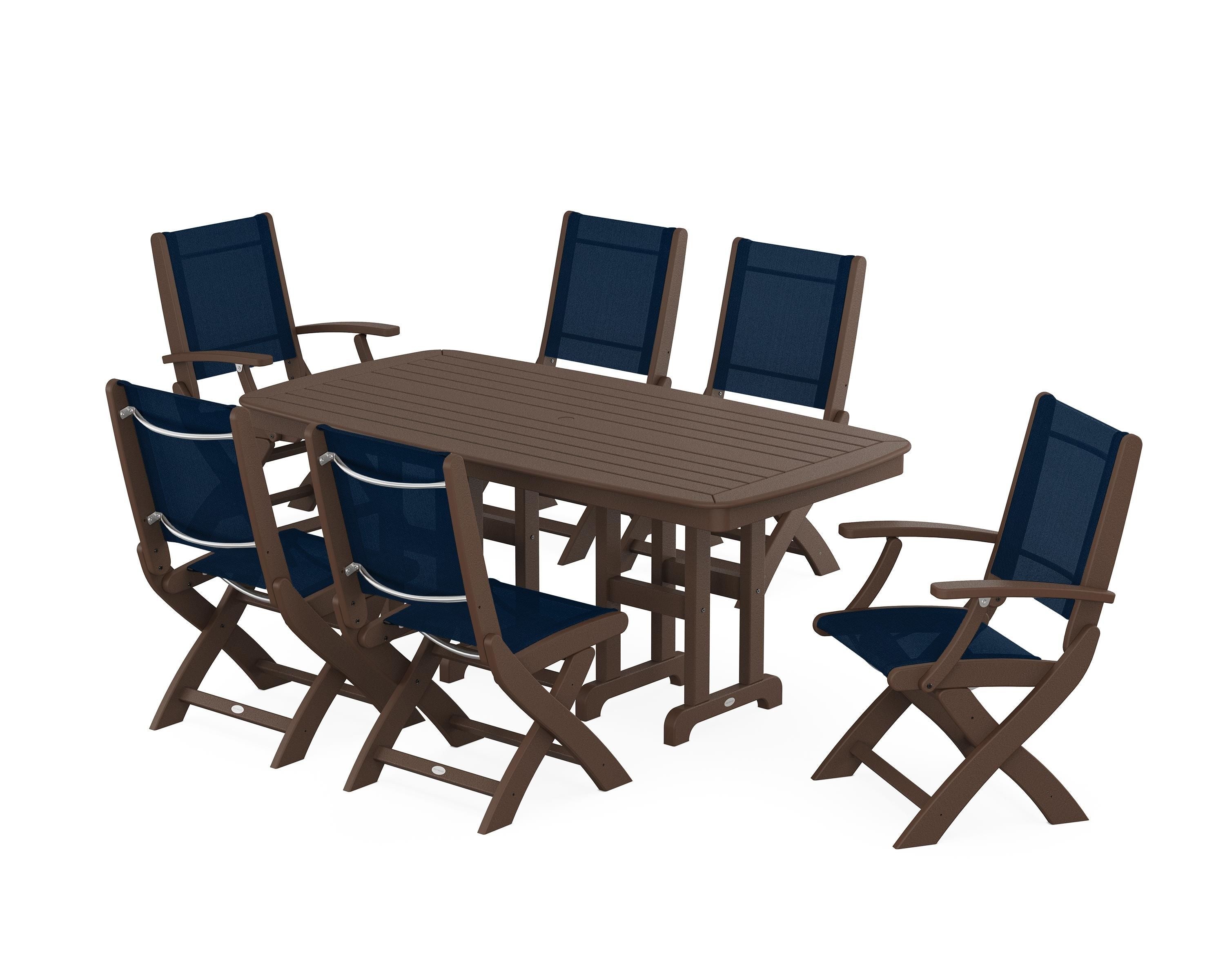 POLYWOOD® Coastal Folding Chair 7-Piece Dining Set in Mahogany / Navy Blue Sling