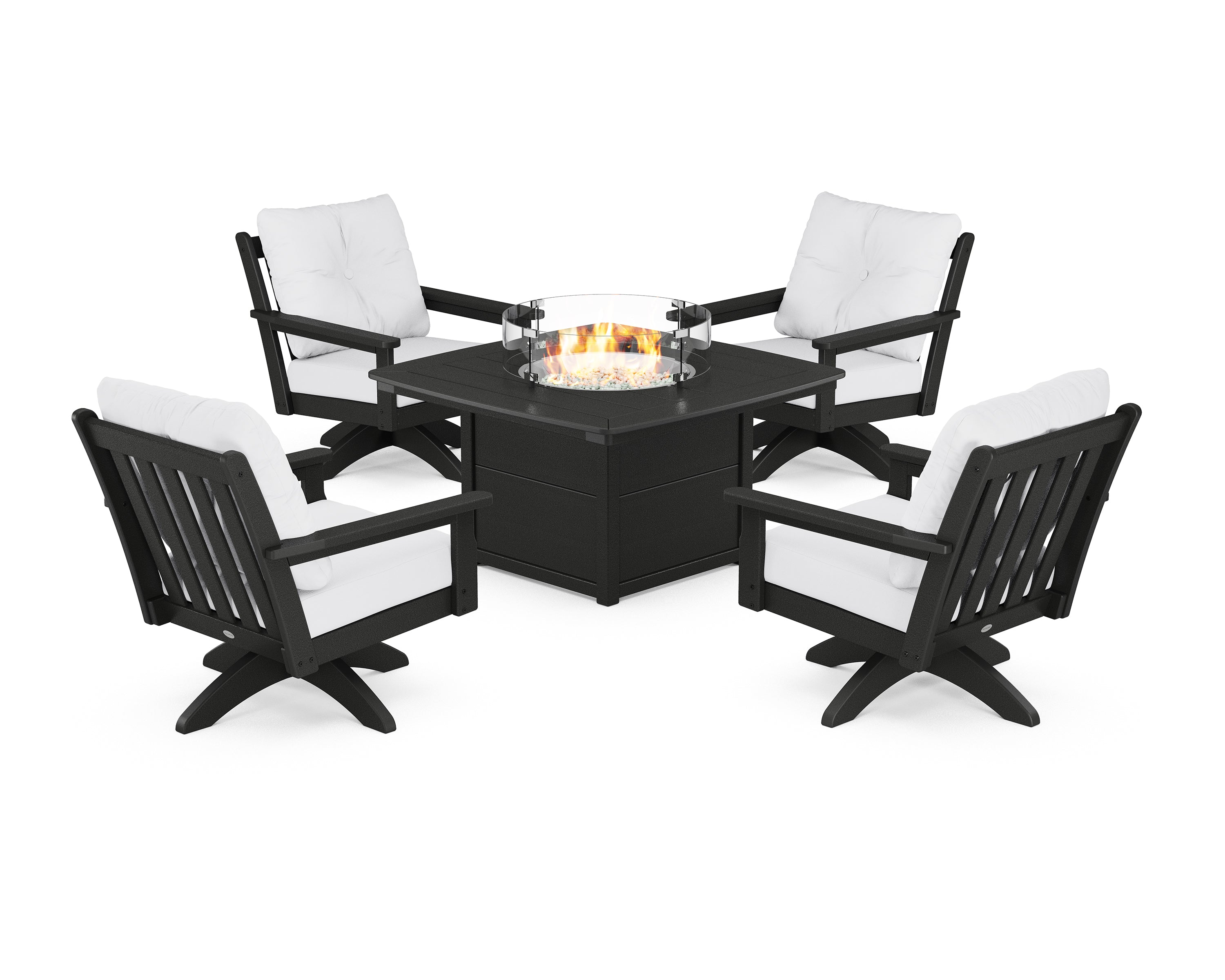 POLYWOOD® Vineyard 5-Piece Deep Seating Swivel Conversation Set with Fire Pit Table in Black / Natural
