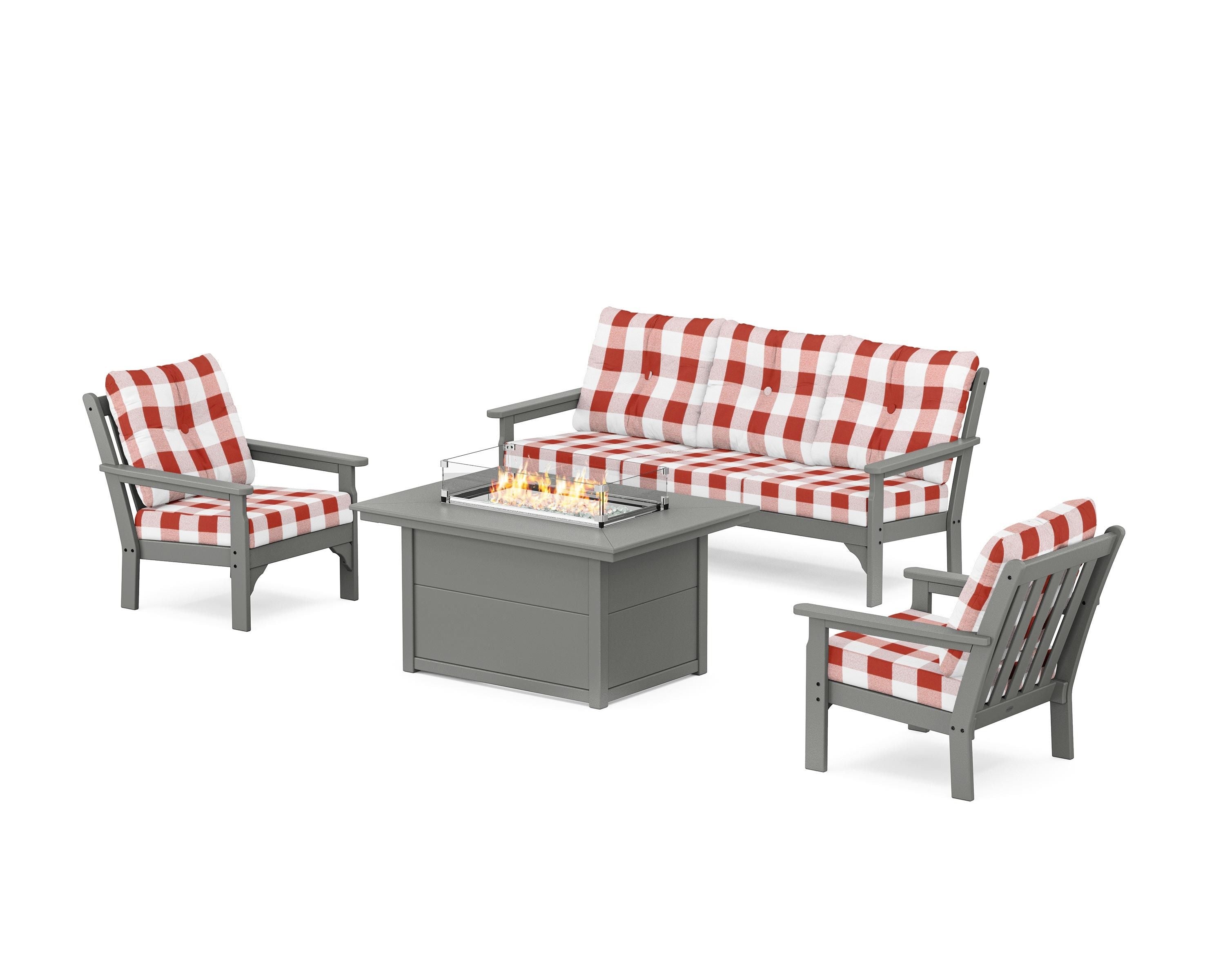 POLYWOOD® Vineyard Deep Seating Fire Pit Table Set in Slate Grey / Buffalo Plaid Crimson
