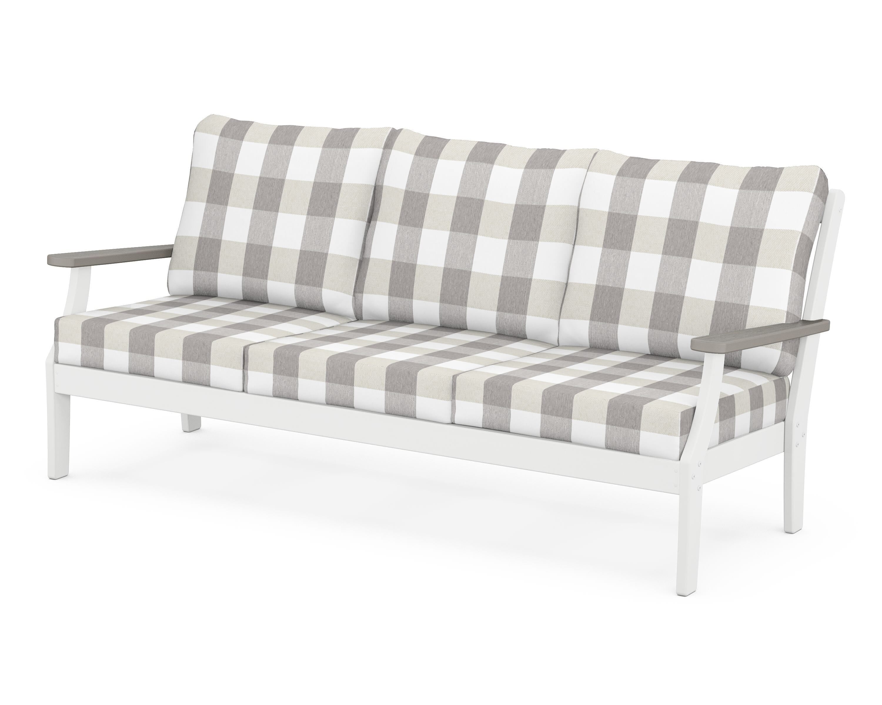 POLYWOOD® Braxton Deep Seating Sofa in White / Driftwood / Buffalo Plaid Grey Mist