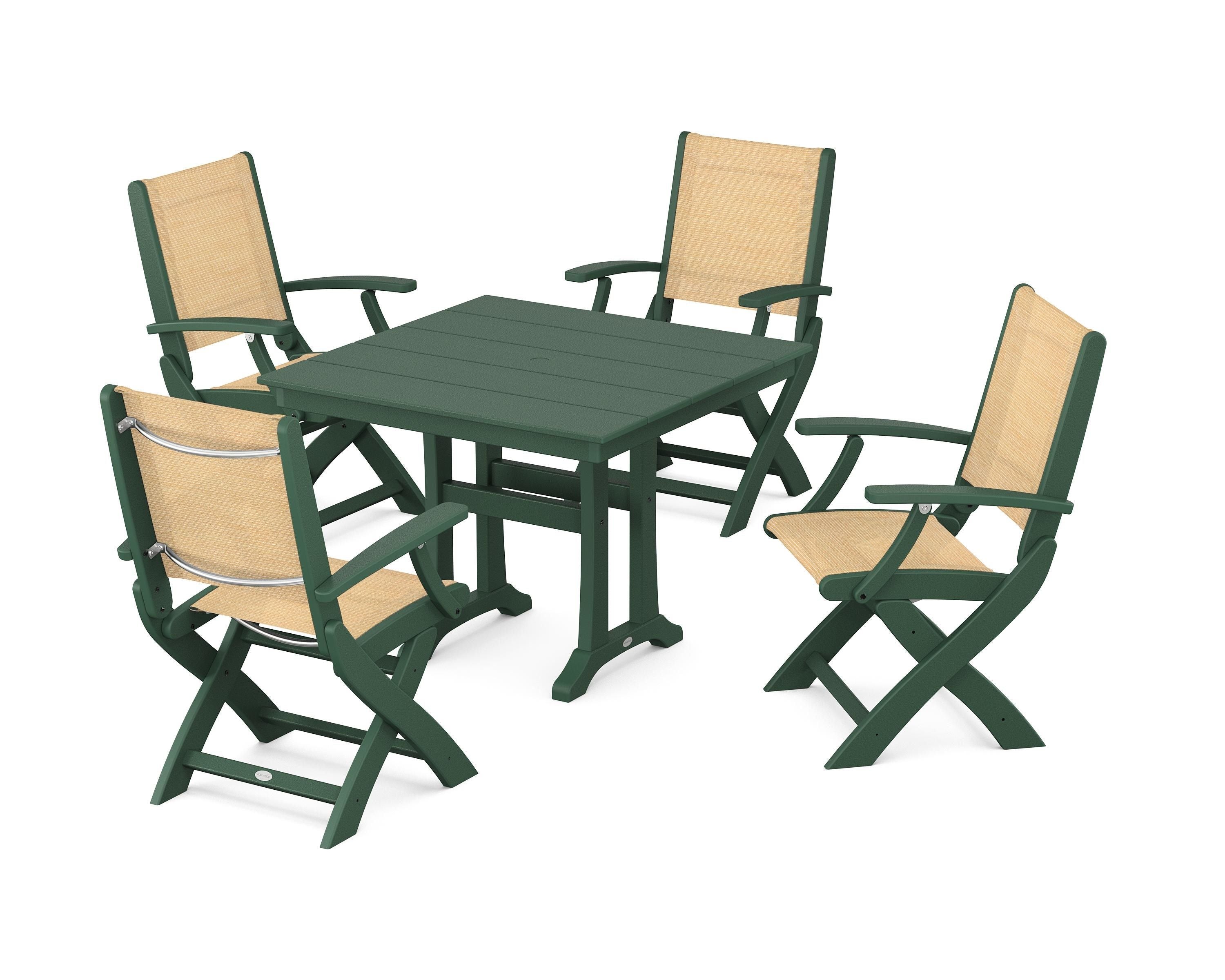 POLYWOOD® Coastal Folding Chair 5-Piece Farmhouse Dining Set With Trestle Legs in Green / Dupioni Apricot Sling