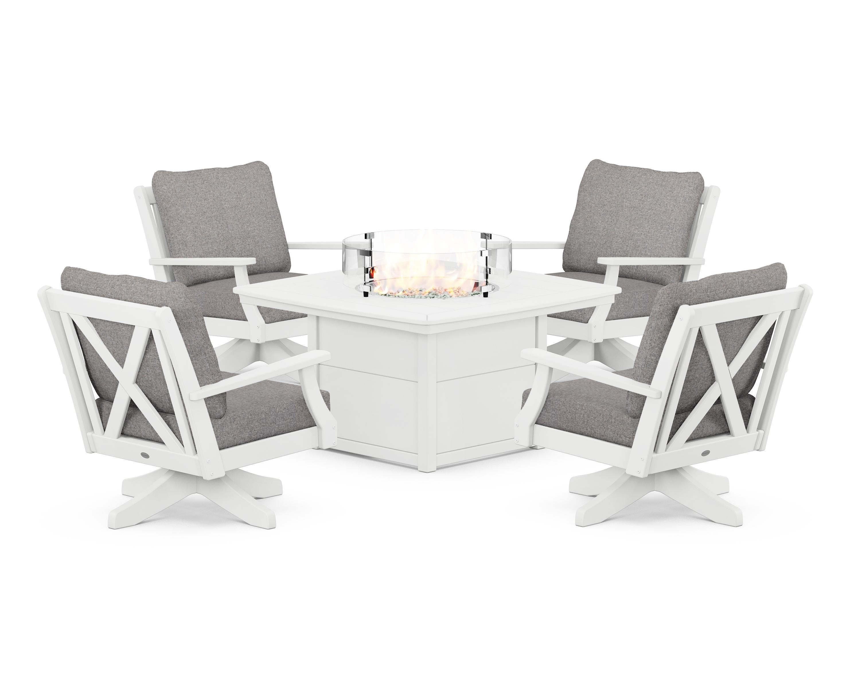 POLYWOOD® Braxton 5-Piece Deep Seating Swivel Conversation Set with Fire Pit Table in White / Grey Mist