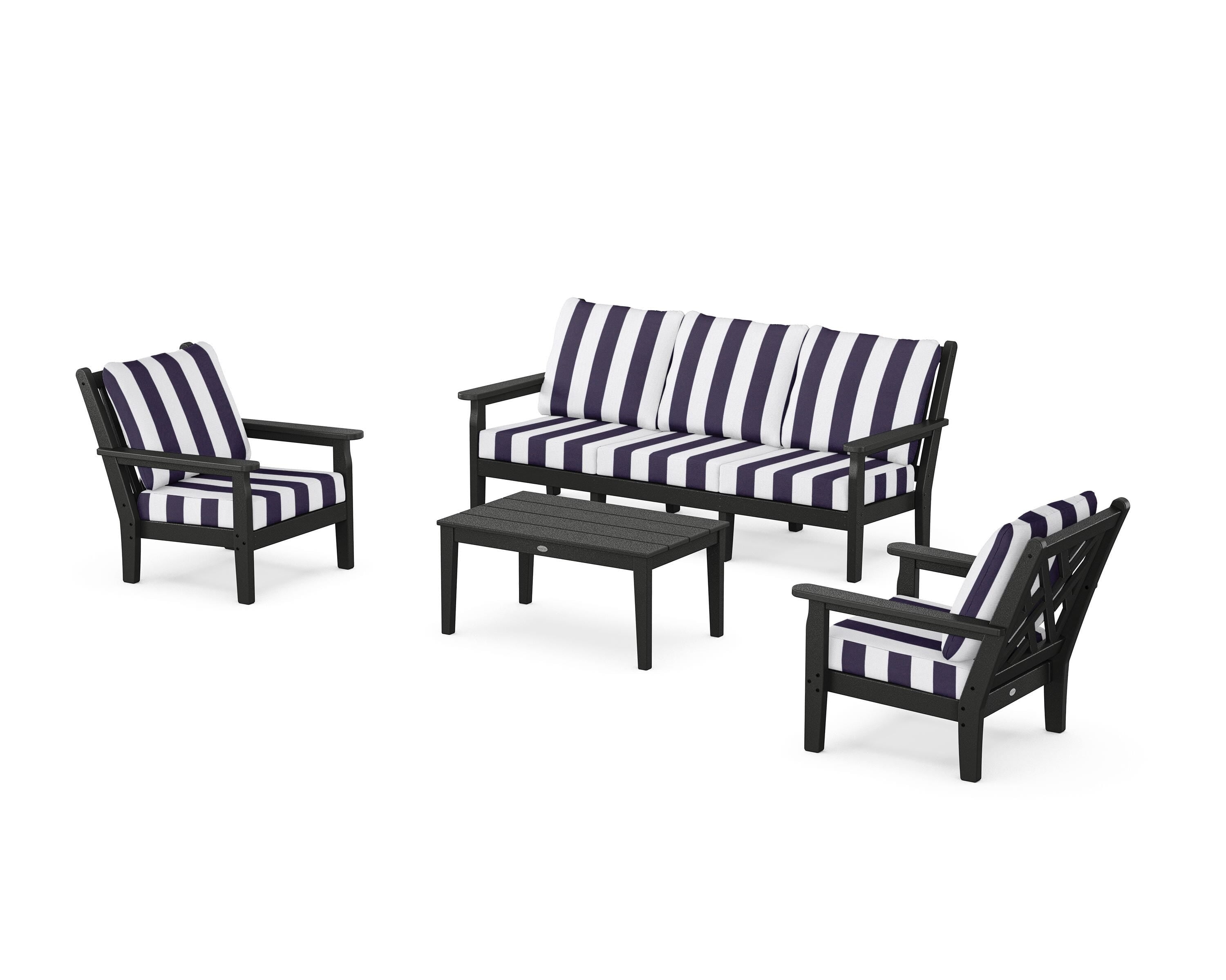 POLYWOOD® Chippendale 4-Piece Deep Seating Set with Sofa in Black / Cabana Stripe Navy